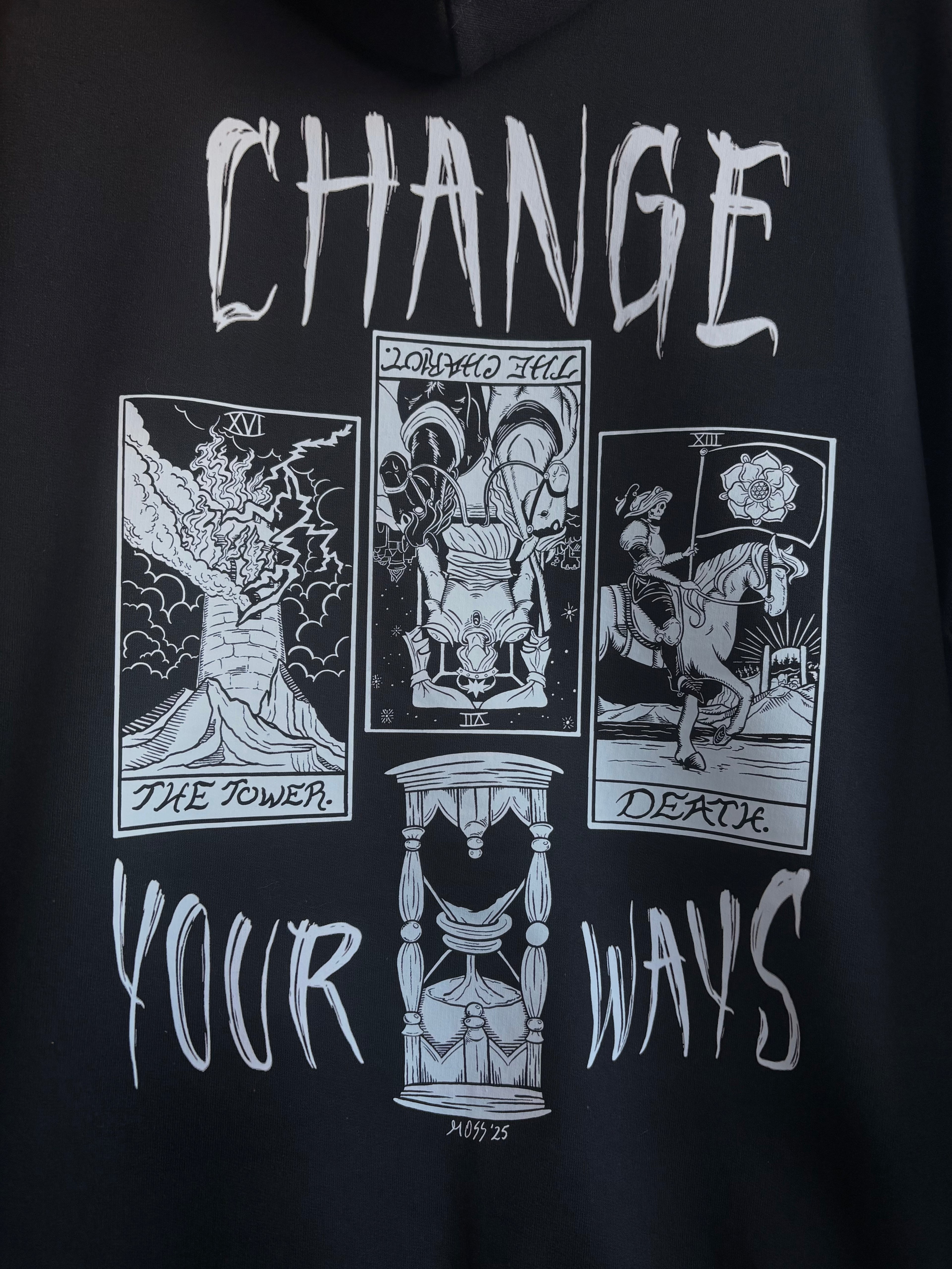 a closeup of the Change Your Ways tarot inspired design printed across the back of a black hoodie