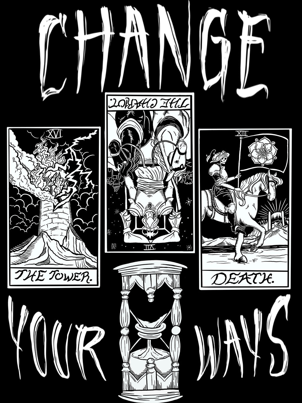 the original black and white tarot card design for 'Change Your Ways' used in the printing