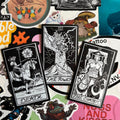 three different tarot inspired stickers for Death, The Tower, and The Chariot