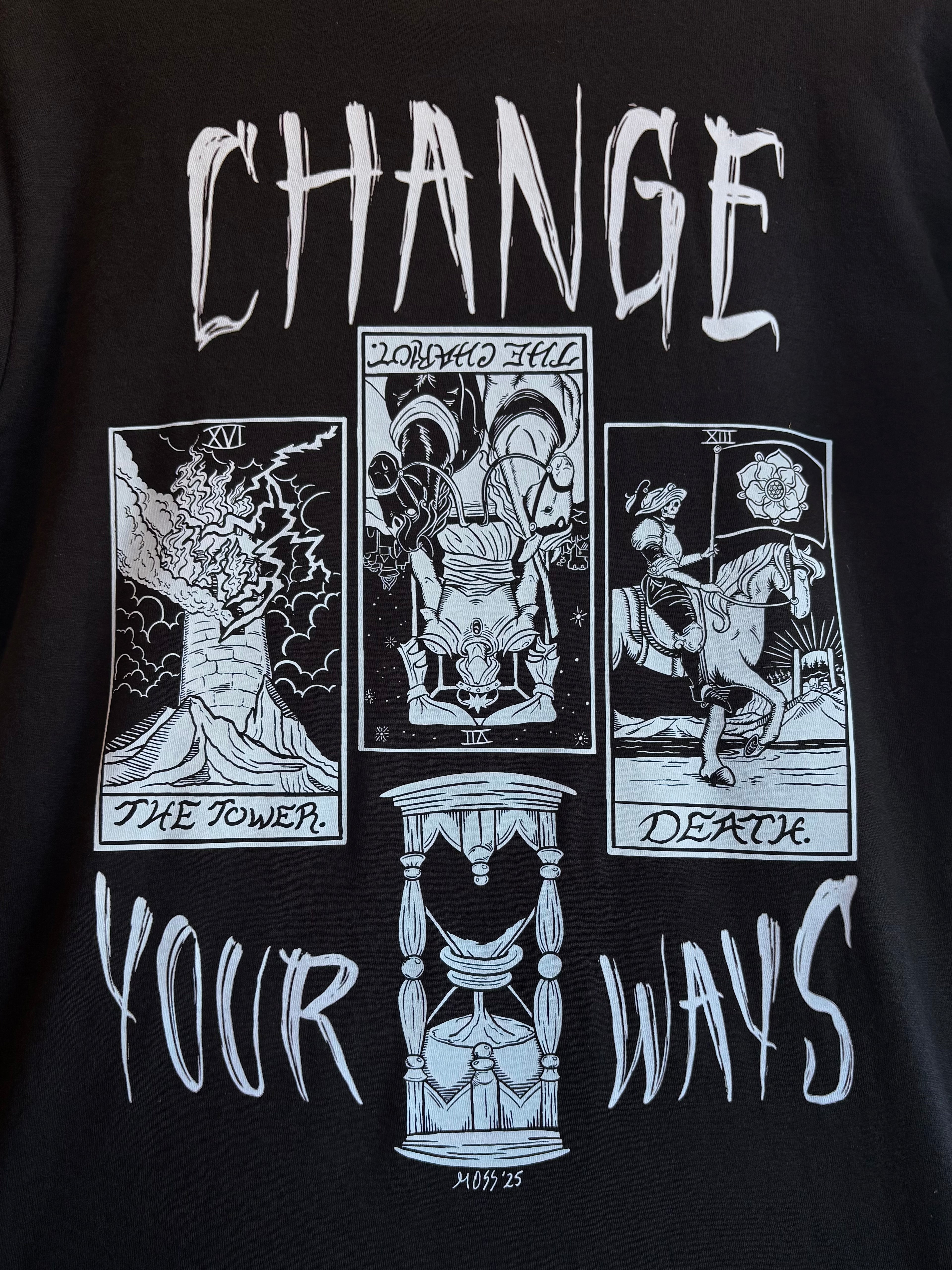 a closeup of the Change Your Ways tarot inspired design printed across the back of a black t-shirt