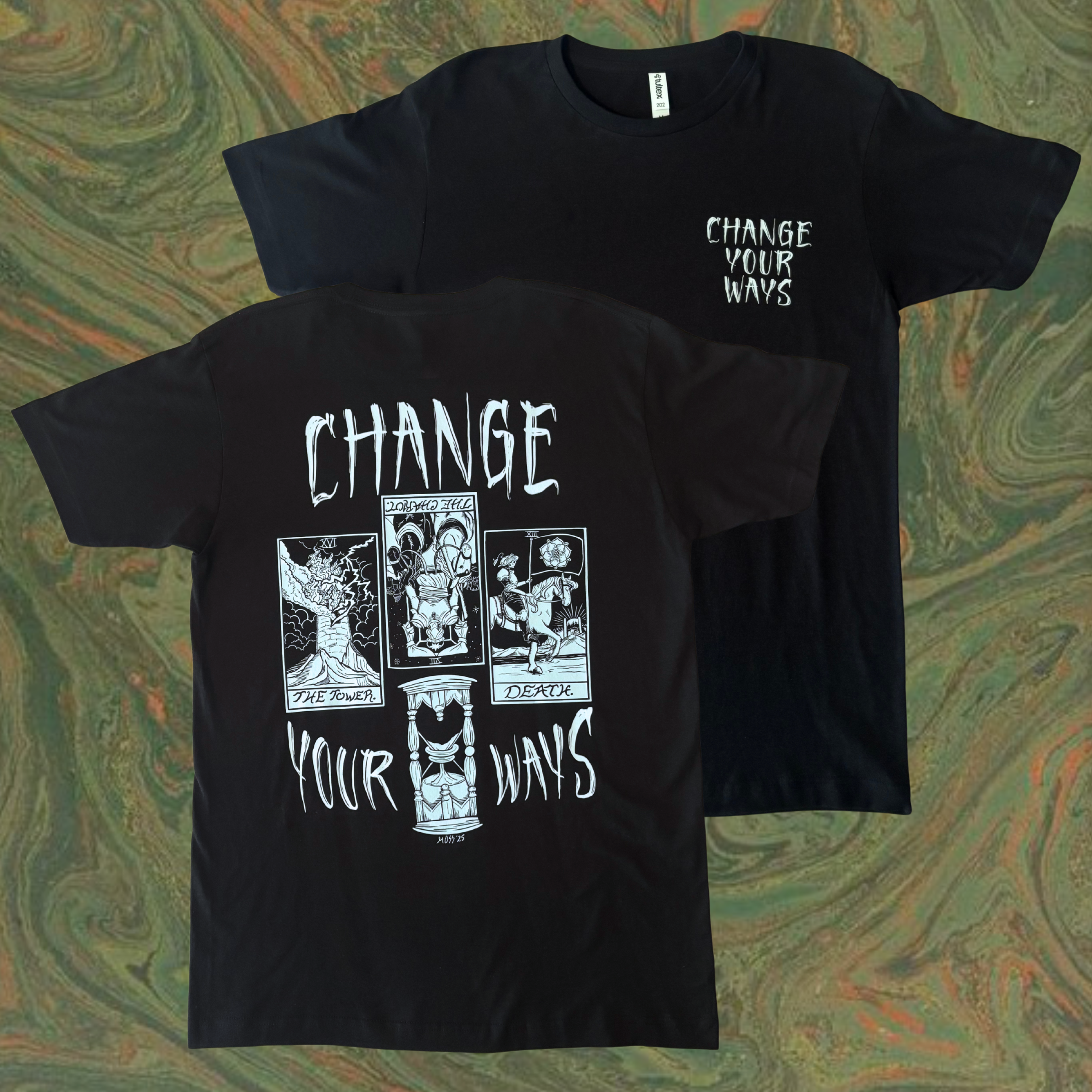 black t-shirt with 'Change Your Ways' text printed on the front and back, with the tarot cards for the Tower, the Chariot, and Death on the back as well along with an hourglass that is running out of time