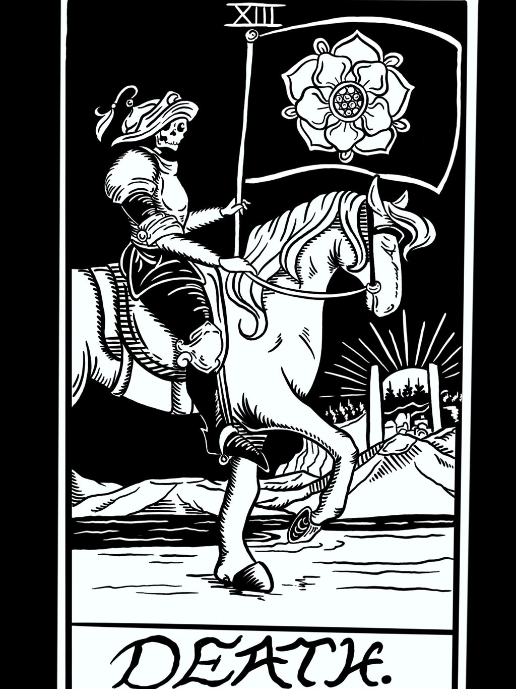 a closeup look at the black and white illustration of a tarot card 'Death' from the Change Your Ways design