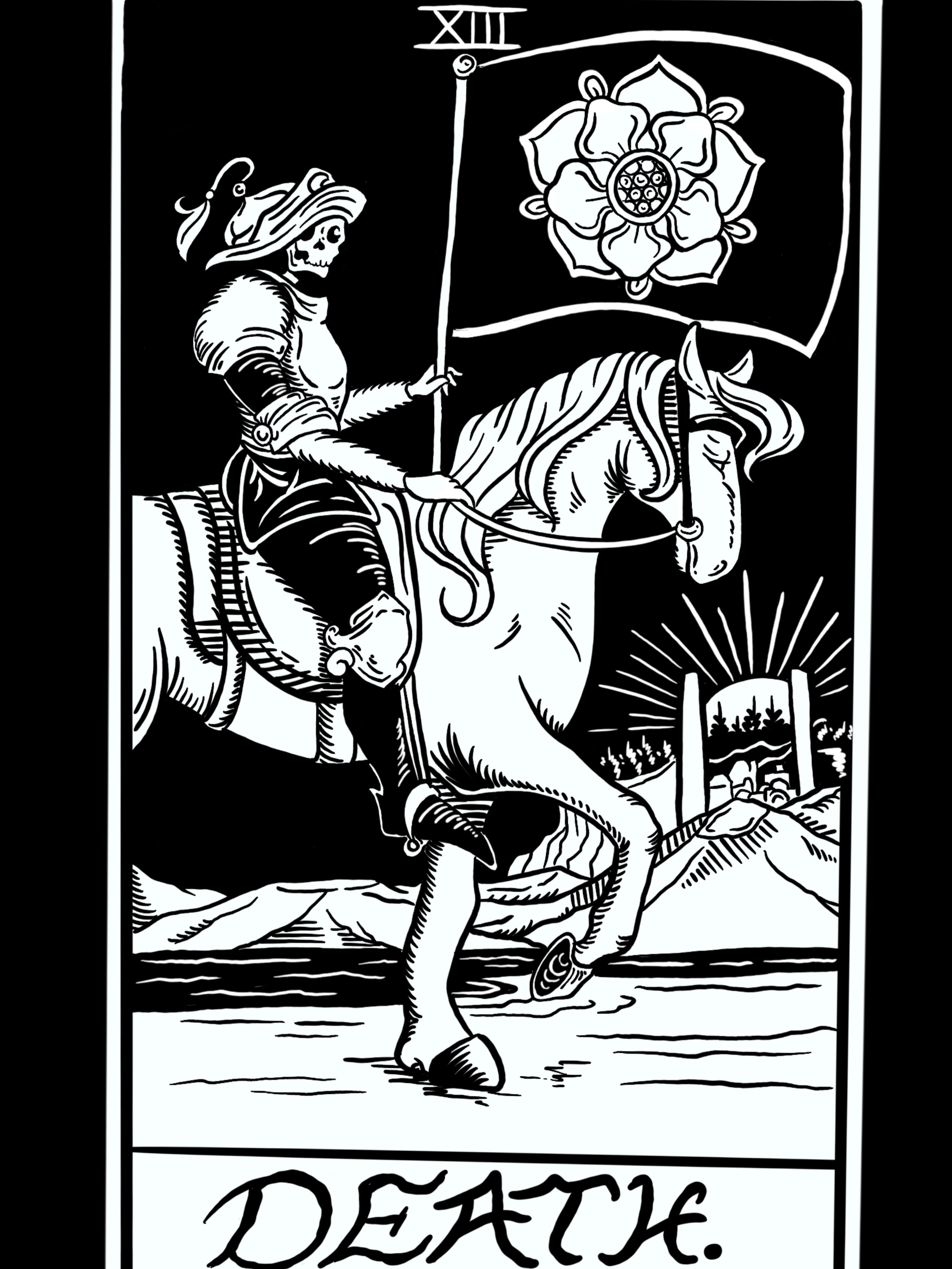 a closeup look at the black and white illustration of a tarot card 'Death' from the Change Your Ways design