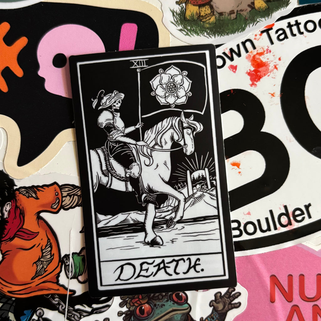 black and white sticker of the Death Tarot Card