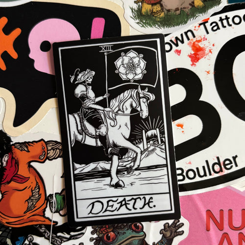black and white sticker of the Death Tarot Card