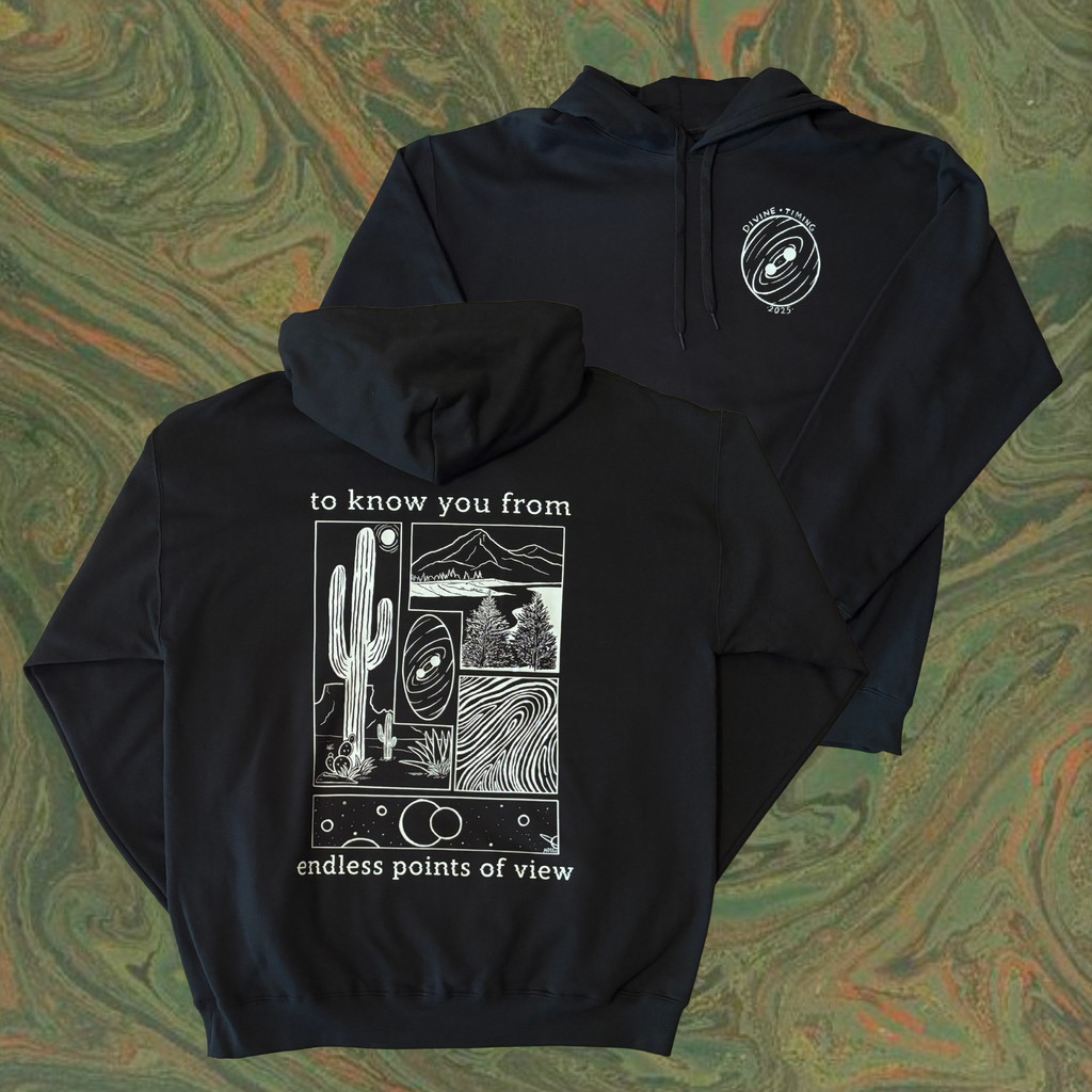 black hoodie with a white graphic design on the back showing a desert scene, a mountain perspective, bits of outer space, and a closeup of a fingerprint. "to know you from endless points of view" is printed on the back, and the Divine Timing Binary Star badge is printed as a club patch on the front.