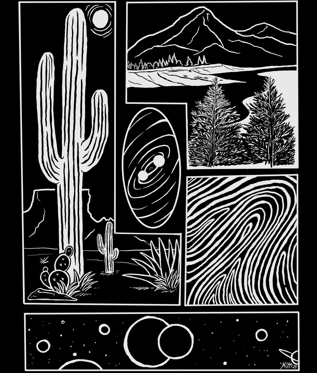 the original illustration used in the Endless Points of View design, depicting an arrangement of scenes: tall cacti standing under a desert sun, a river flowing through a mountain valley, the closeup of a person's finger print, a far off solar system, and two binary stars spinning in a constant flux