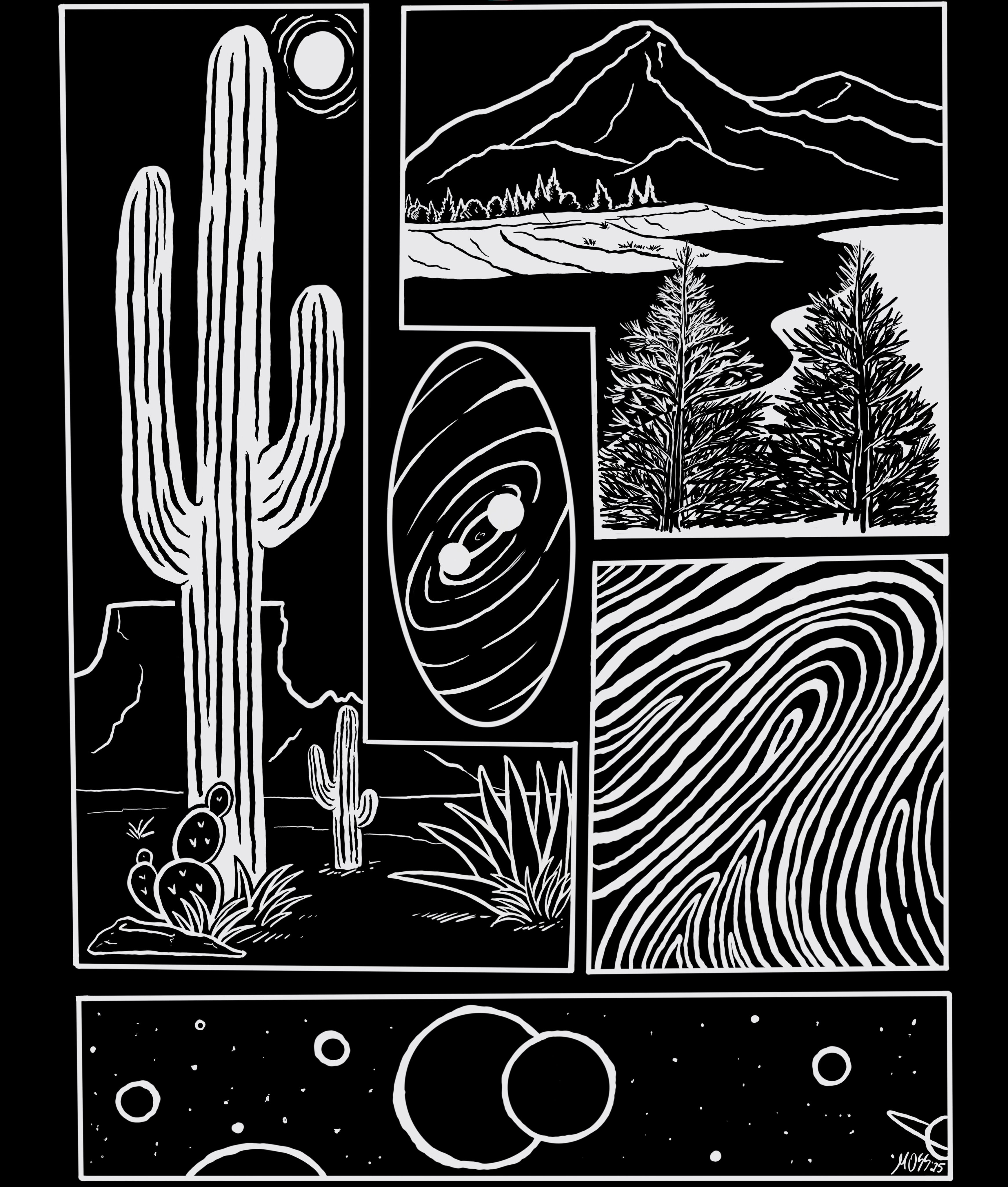 the original illustration used in the Endless Points of View design, depicting an arrangement of scenes: tall cacti standing under a desert sun, a river flowing through a mountain valley, the closeup of a person's finger print, a far off solar system, and two binary stars spinning in a constant flux