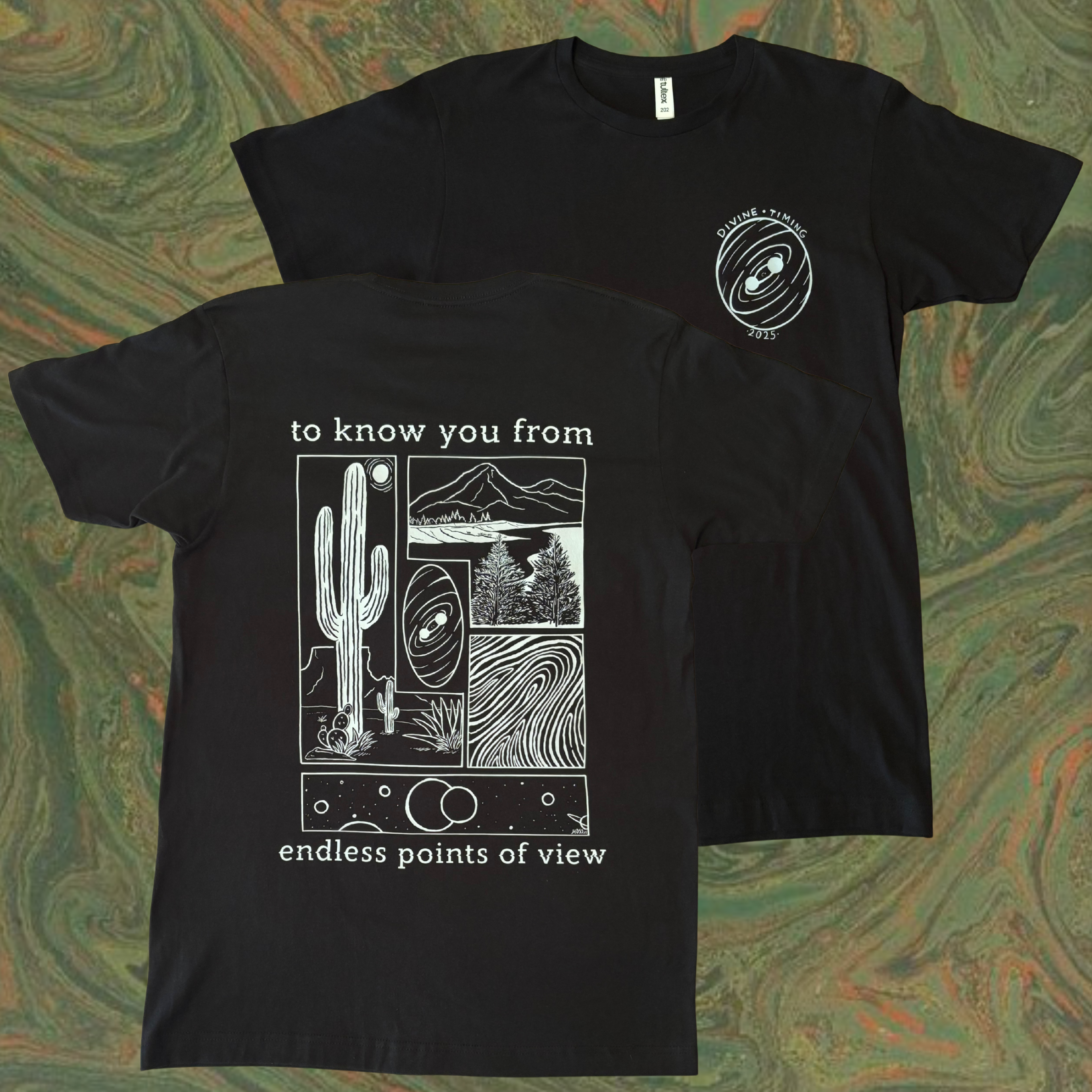 black t-shirt with a white graphic design on the back showing a desert scene, a mountain perspective, bits of outer space, and a closeup of a fingerprint. "to know you from endless points of view" is printed on the back, and the Divine Timing Binary Star badge is printed as a club patch on the front.