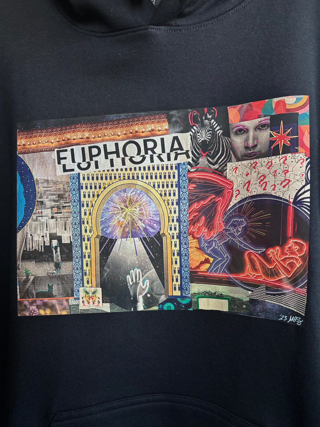 closeup look at the EUPHORIA collage printed across the front of a black hoodie