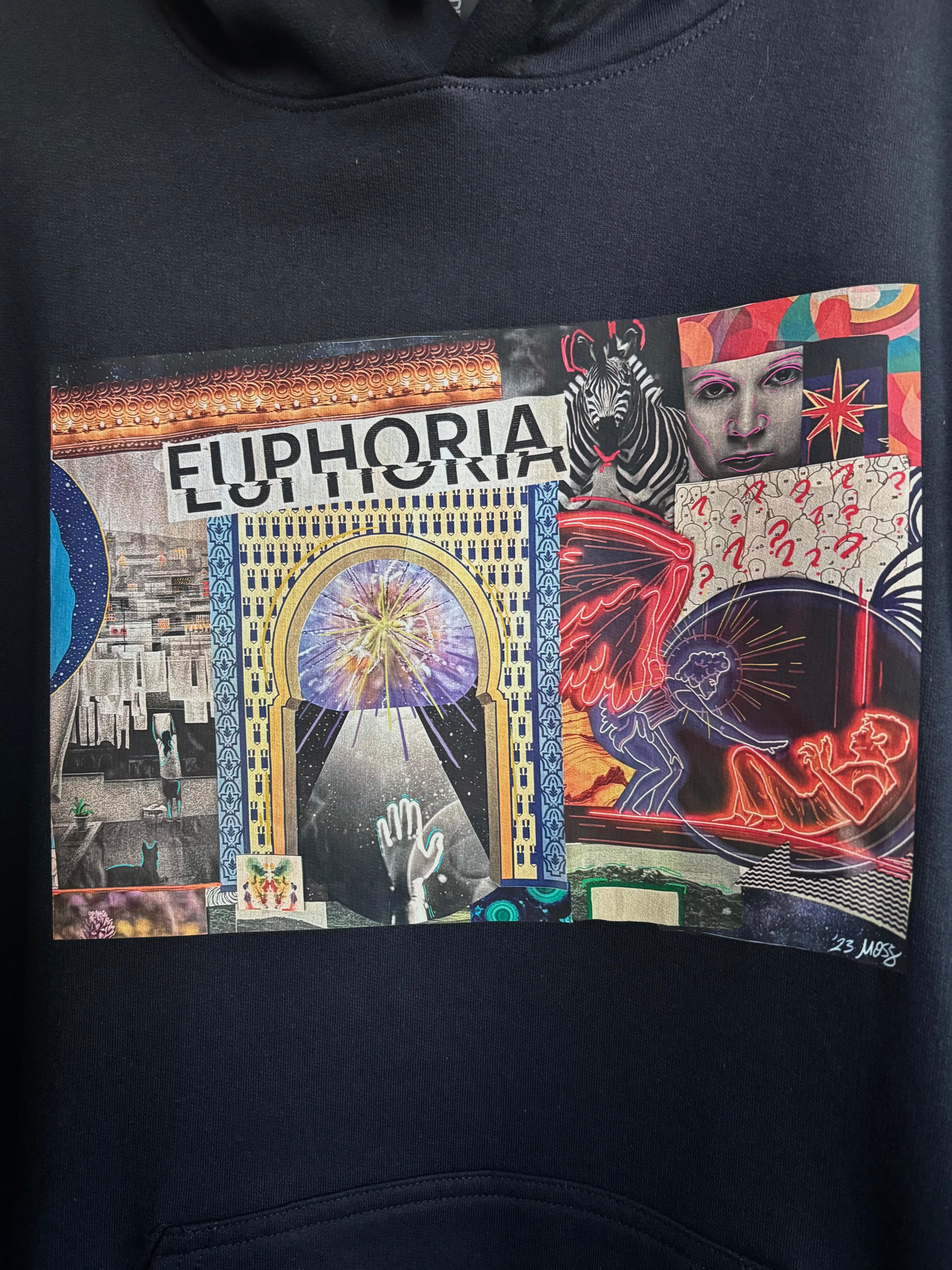 closeup look at the EUPHORIA collage printed across the front of a black hoodie