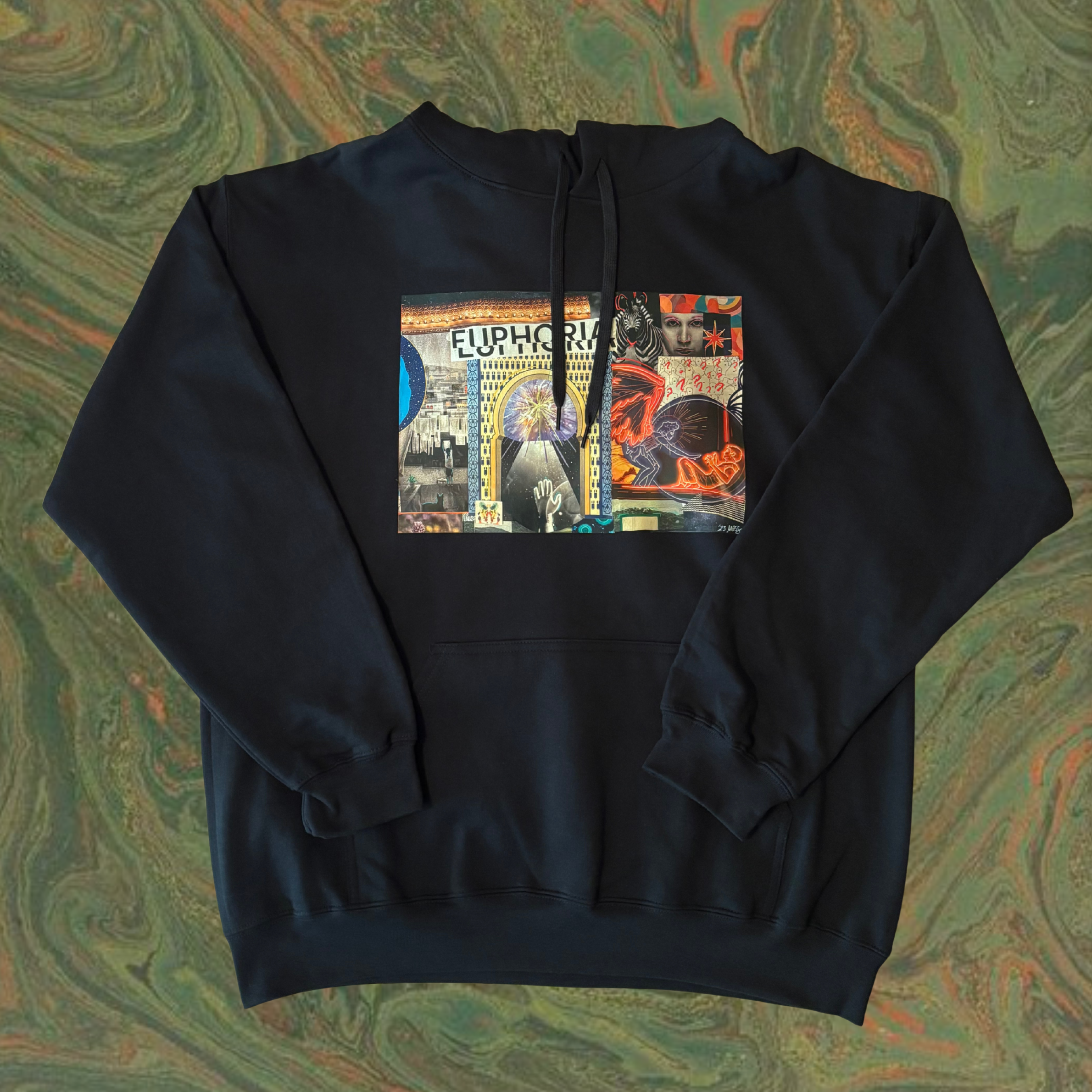 black hoodie with a colorful graphic of the EUPHORIA collage printed on the chest