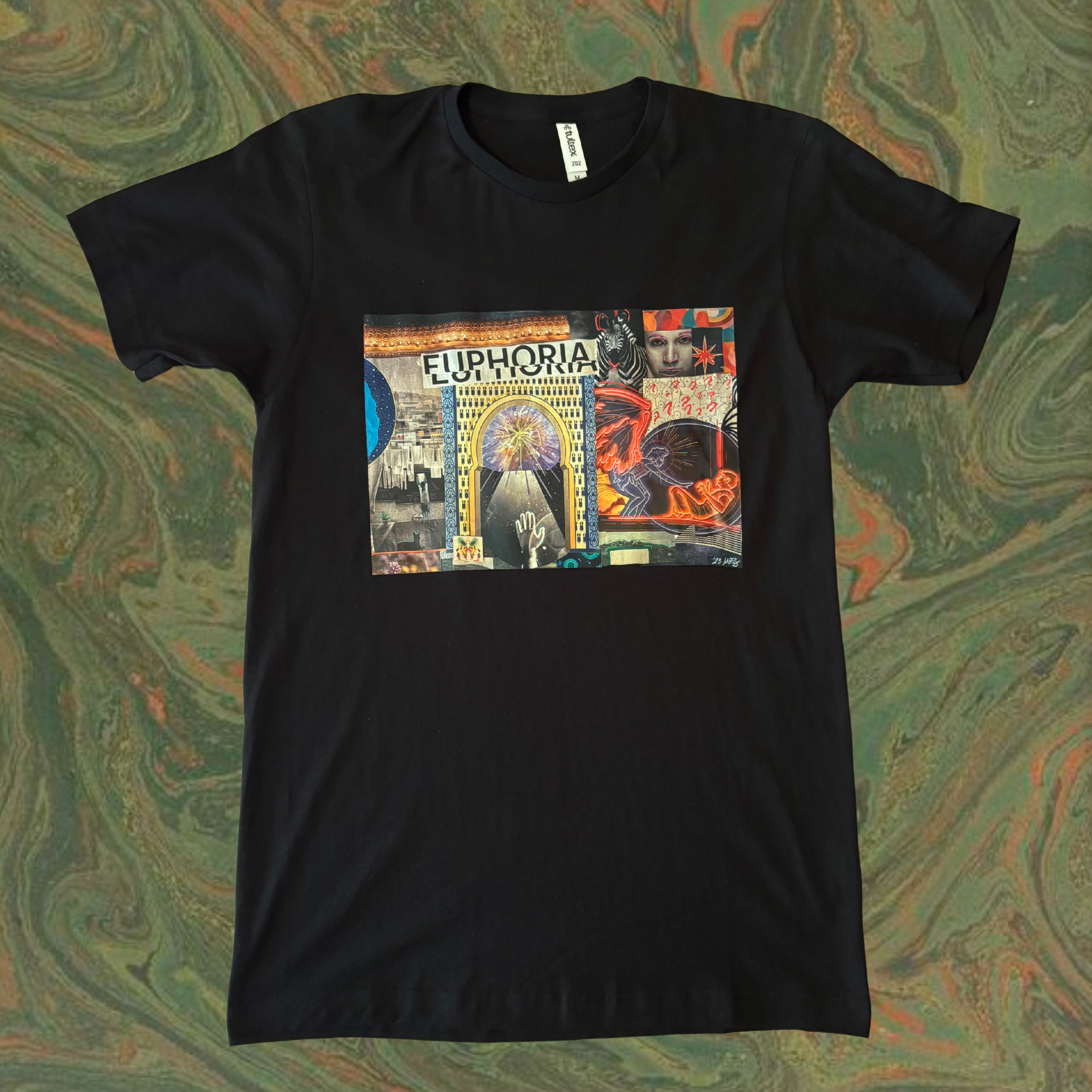 black t-shirt with a colorful graphic design of the EUPHORIA collage printed across the chest