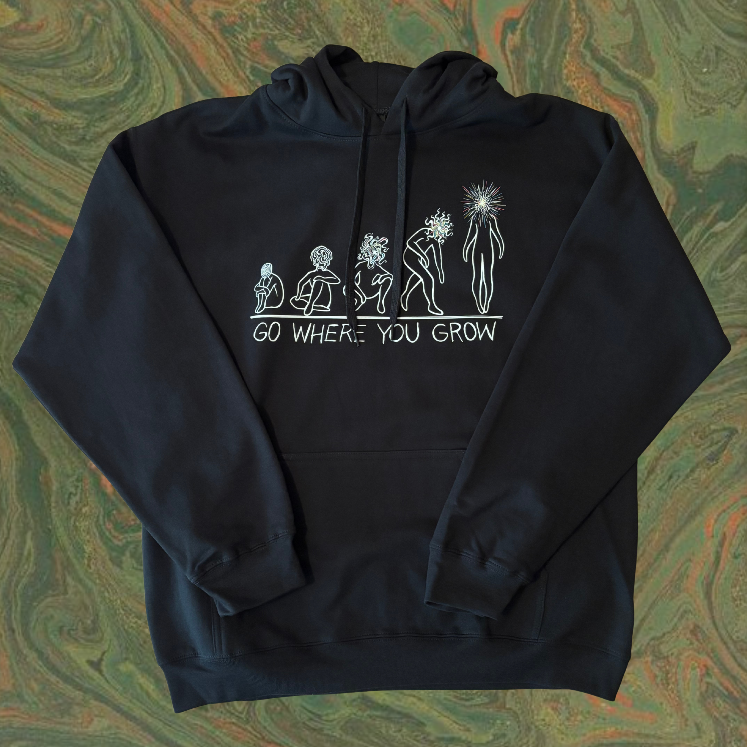 black hoodie showing the evolution of a soul as it transforms into a Star Child, with the text 'GO WHERE YOU GROW' printed across the chest
