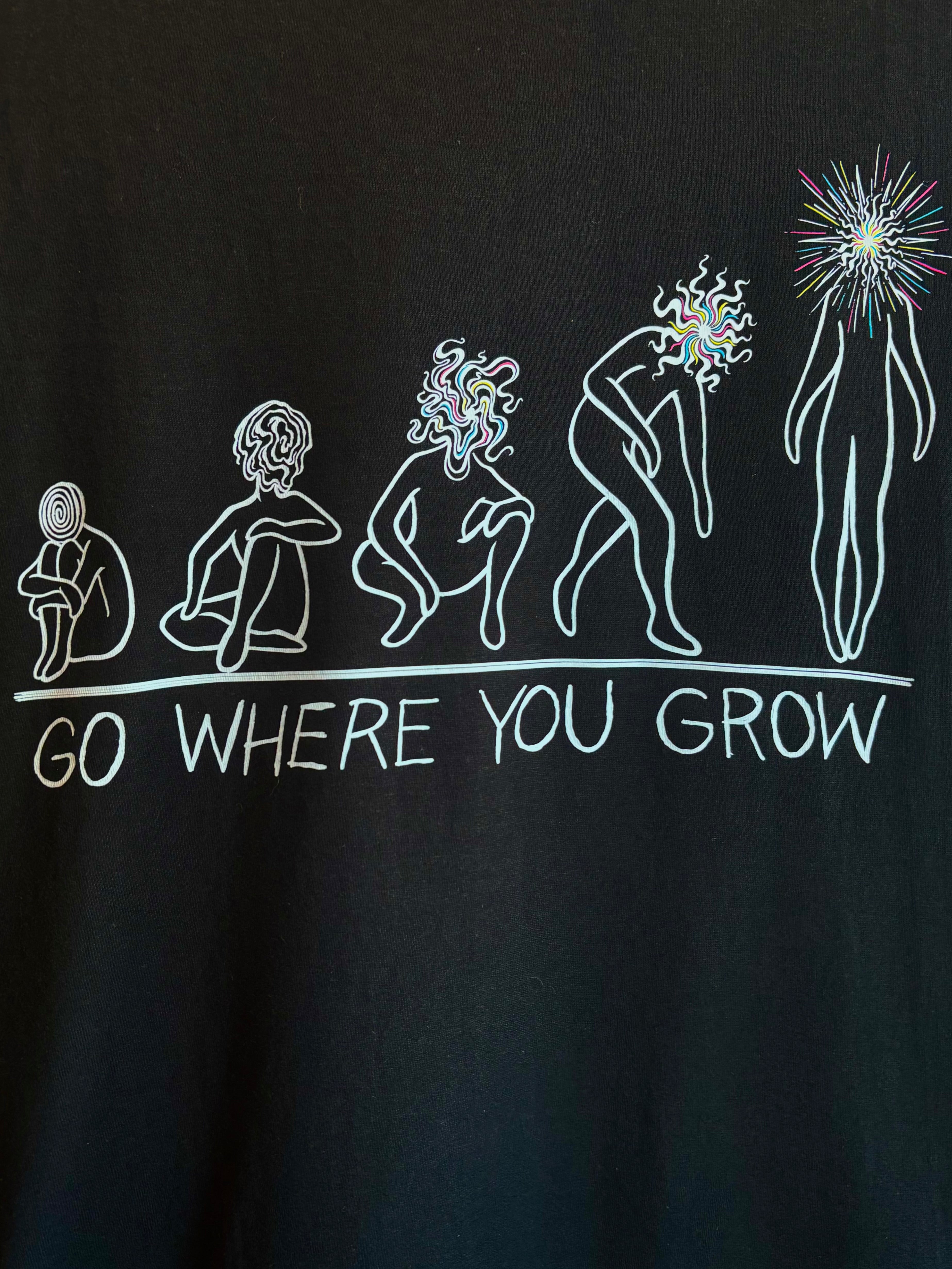 a closeup look at the Grow Where You Grow design printed on a black t-shirt, showing the journey of a soul as it evolves into a Star Child