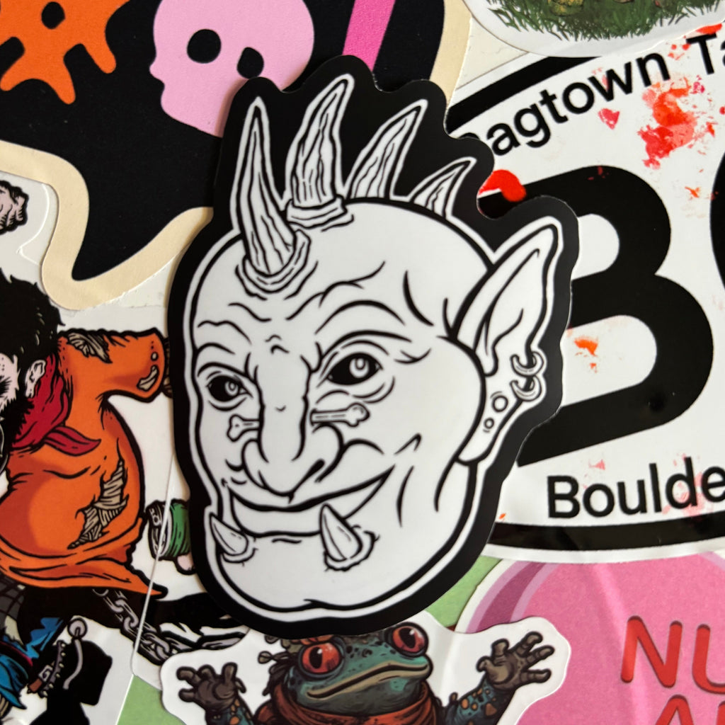 black and white sticker of the goblin "Fig"