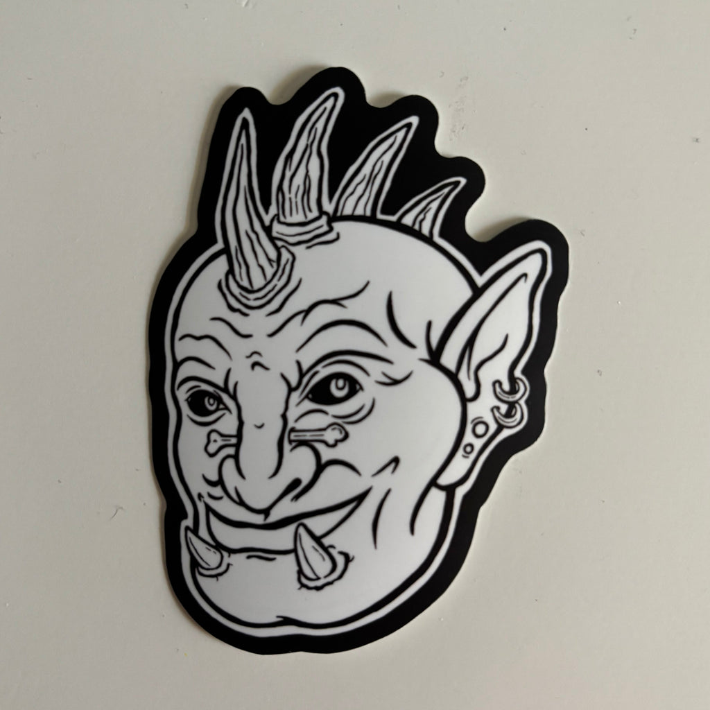 black and white sticker of "Fig" from the Goblin Gang