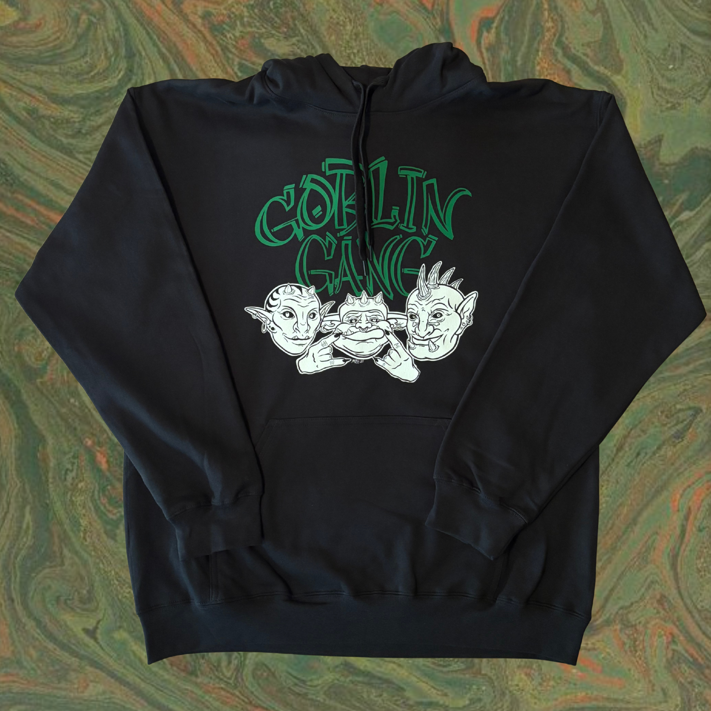 black hoodie with the 'Goblin Gang' design depicting a trio of goblin creatures printed across the chest