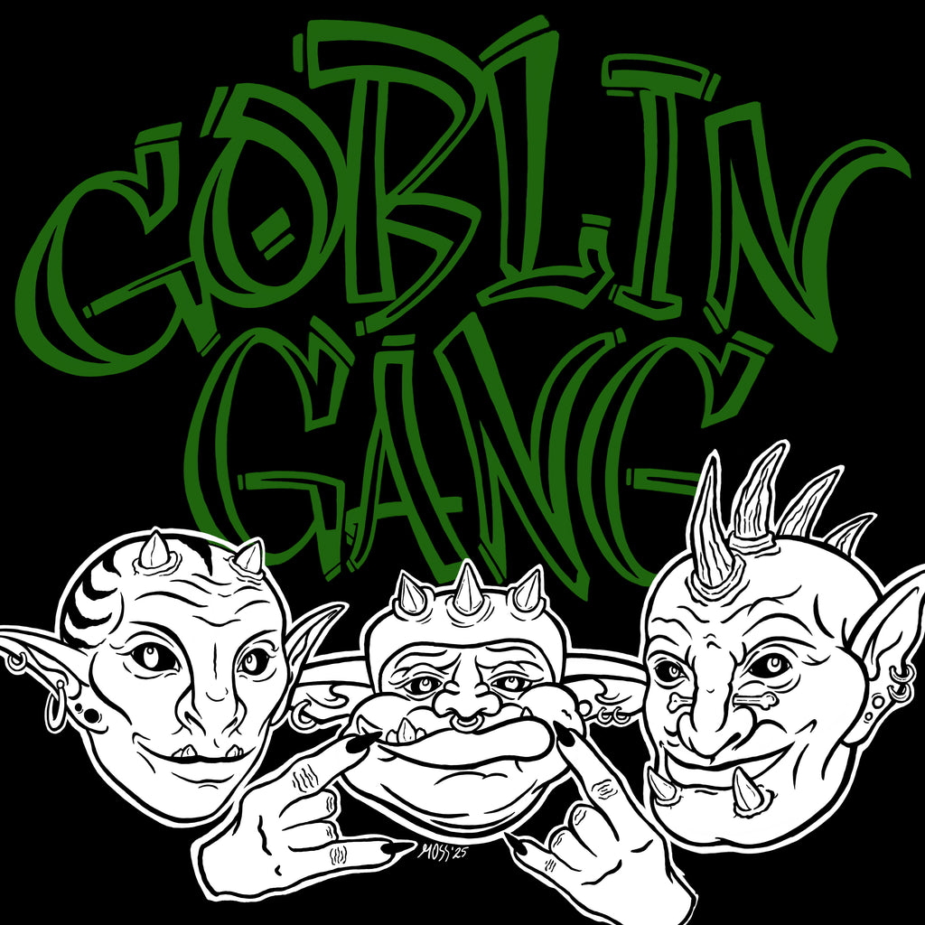 the original illustration of three goblin-like creatures posing together for a photo, with the text 'Goblin Gang' in green in a graffiti inspired text behind them