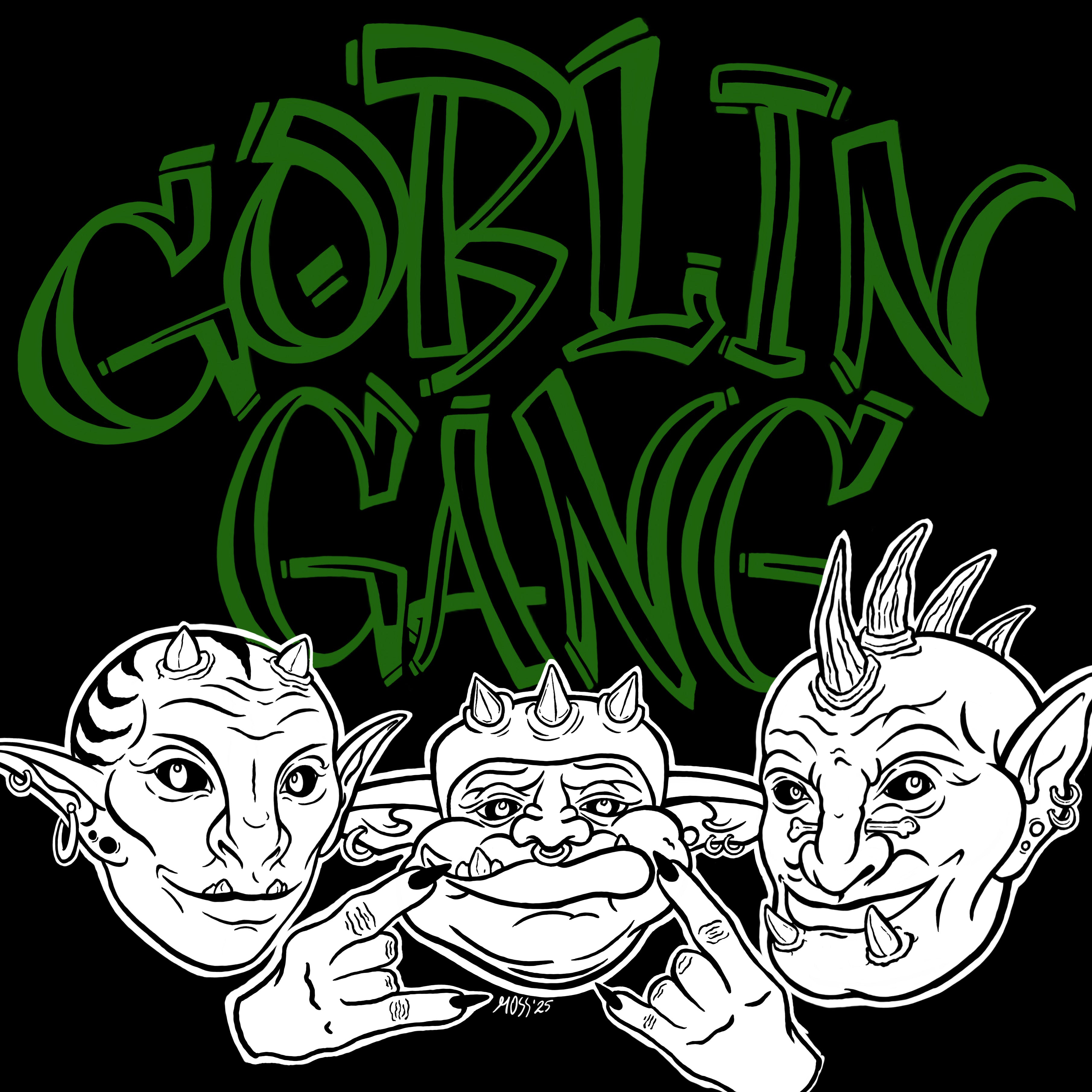 the original illustration of three goblin-like creatures posing together for a photo, with the text 'Goblin Gang' in green in a graffiti inspired text behind them