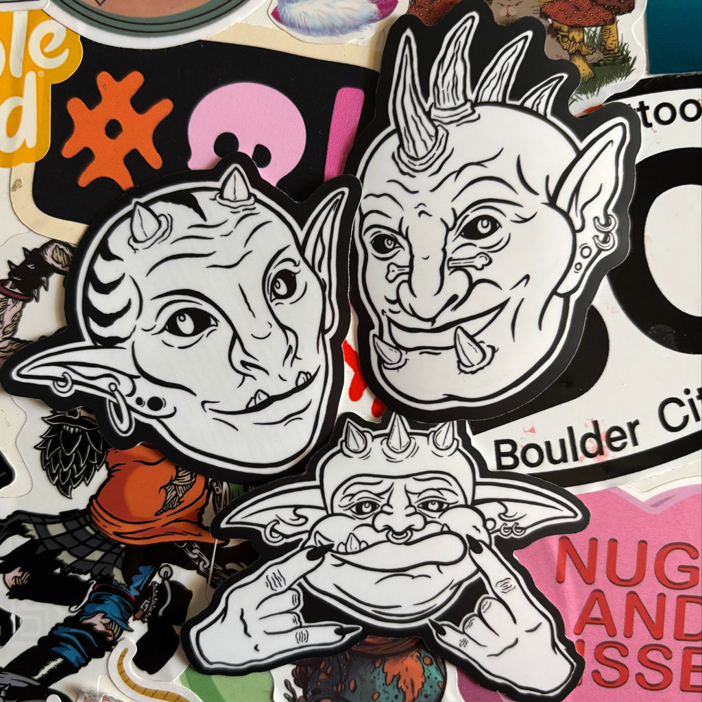 three different stickers, one for each creature in the Goblin Gang trio