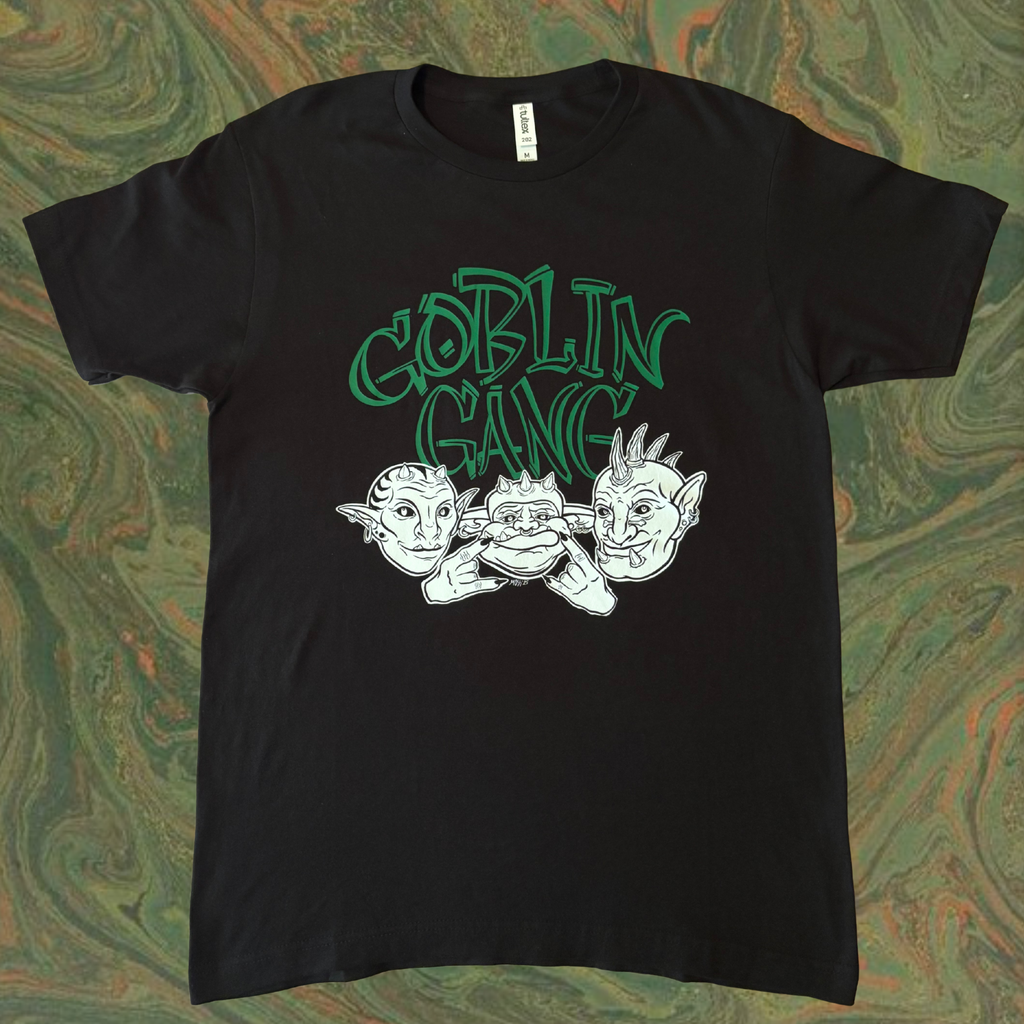 black t-shirt with the 'Goblin Gang' design depicting a trio of goblin creatures printed across the chest