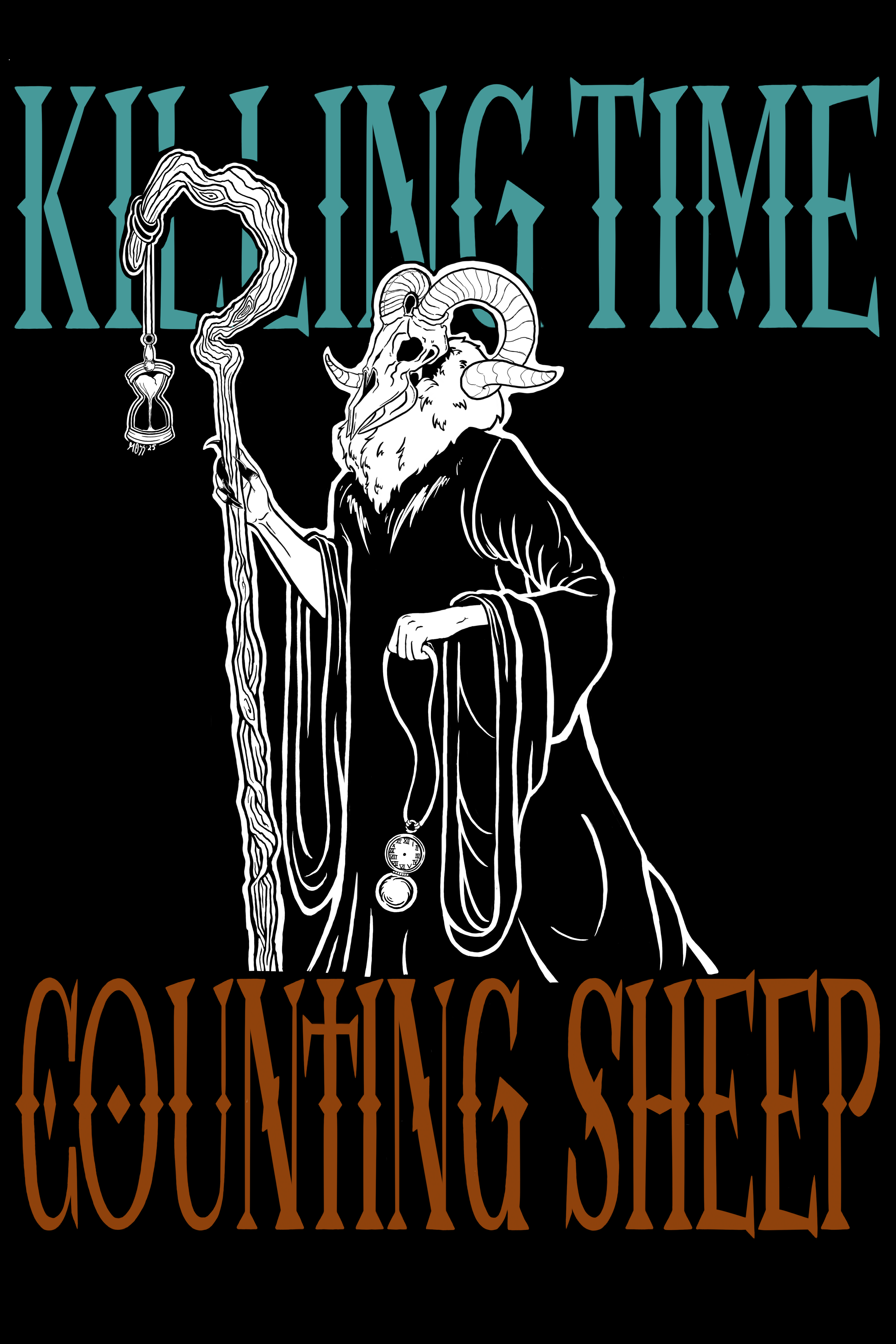 the original illustration of the Keeper of Time, an eerie figure with a ram's hand and blackened fingers, holding a staff with an hourglass in one hand and a pocket watch in the other. Surrounded by the text "Killing Time" in blue and "Counting Sheep" in orange