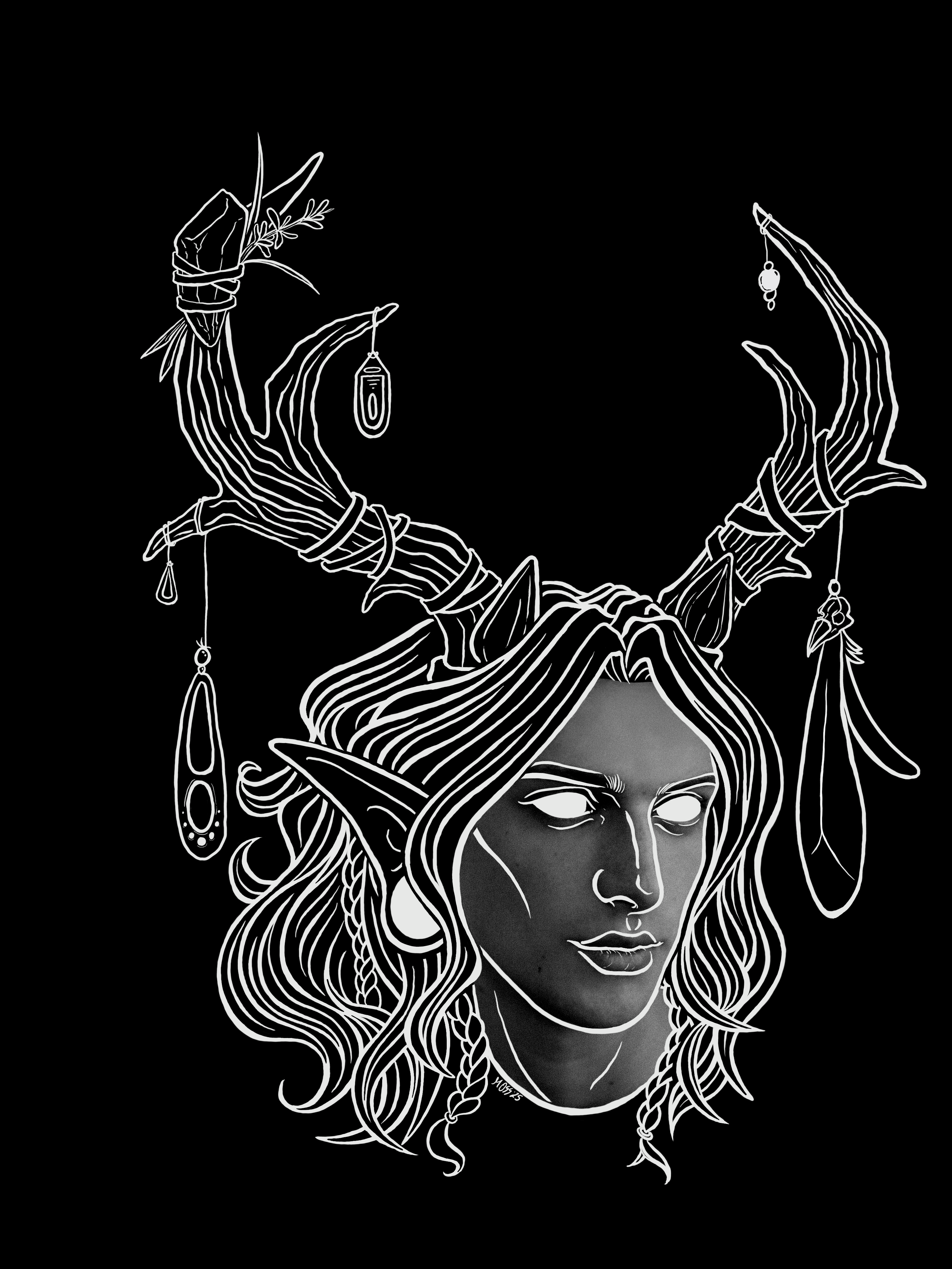 the original design for the King of the Forest, a Celtic inspired fae lord with soft, wavy hair and tall, decorated antlers