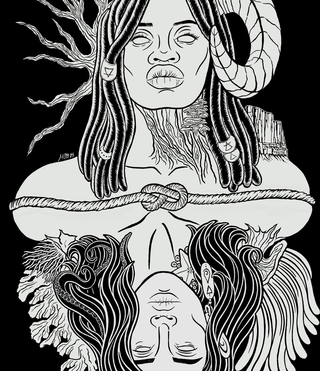 the original graphic design of Gaia, a powerful goddess adorned with beaded braids, a ram's horn, trees and mountains, who is connected to Oceanus, a god surrounded by coral and anemones with tentacles in his hair and a starfish and barnacles clinging to his neck