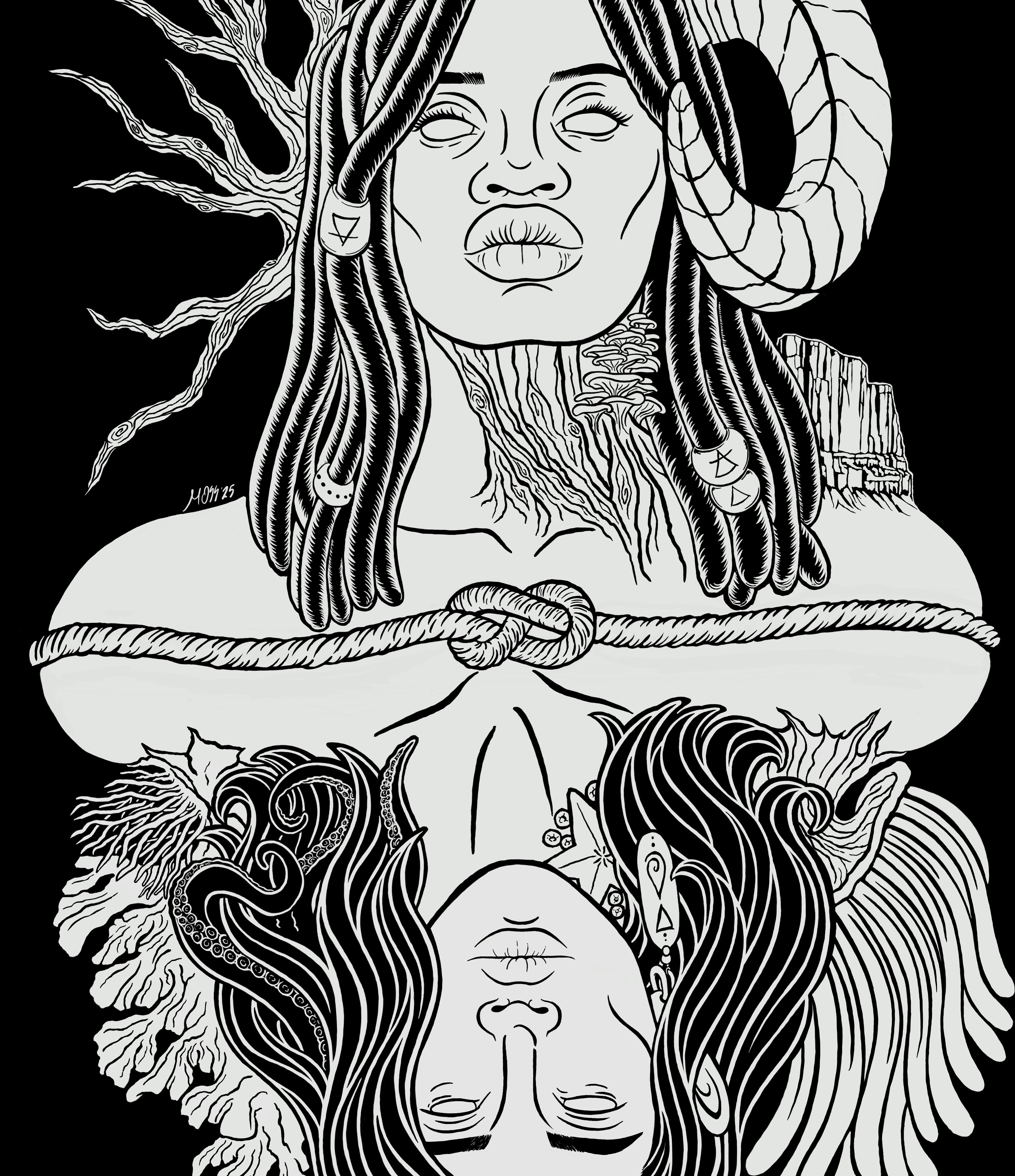 the original graphic design of Gaia, a powerful goddess adorned with beaded braids, a ram's horn, trees and mountains, who is connected to Oceanus, a god surrounded by coral and anemones with tentacles in his hair and a starfish and barnacles clinging to his neck