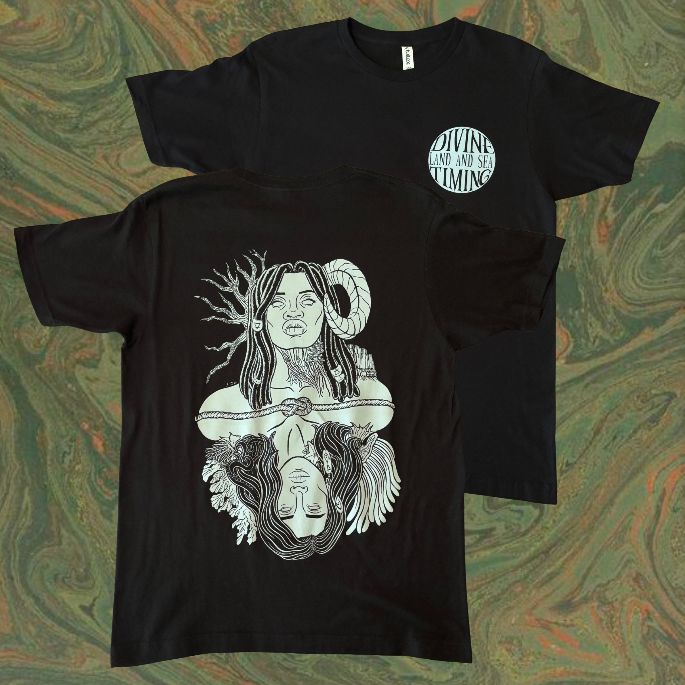 black t-shirt with a graphic design of Gaia, a powerful goddess adorned with beaded braids, a ram's horn, trees and mountains, who is connected to Oceanus, a god surrounded by coral and anemones with tentacles in his hair and a starfish and barnacles clinging to his neck
