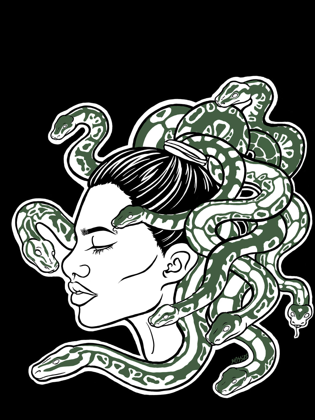 the original illustration of Medusa, shown in side profile with several curling snakes winding around her head. one snake turns to look at Medusa, and one behind her turns to look at the viewer. 