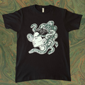 black t-shirt with a Medusa graphic design printed across the chest
