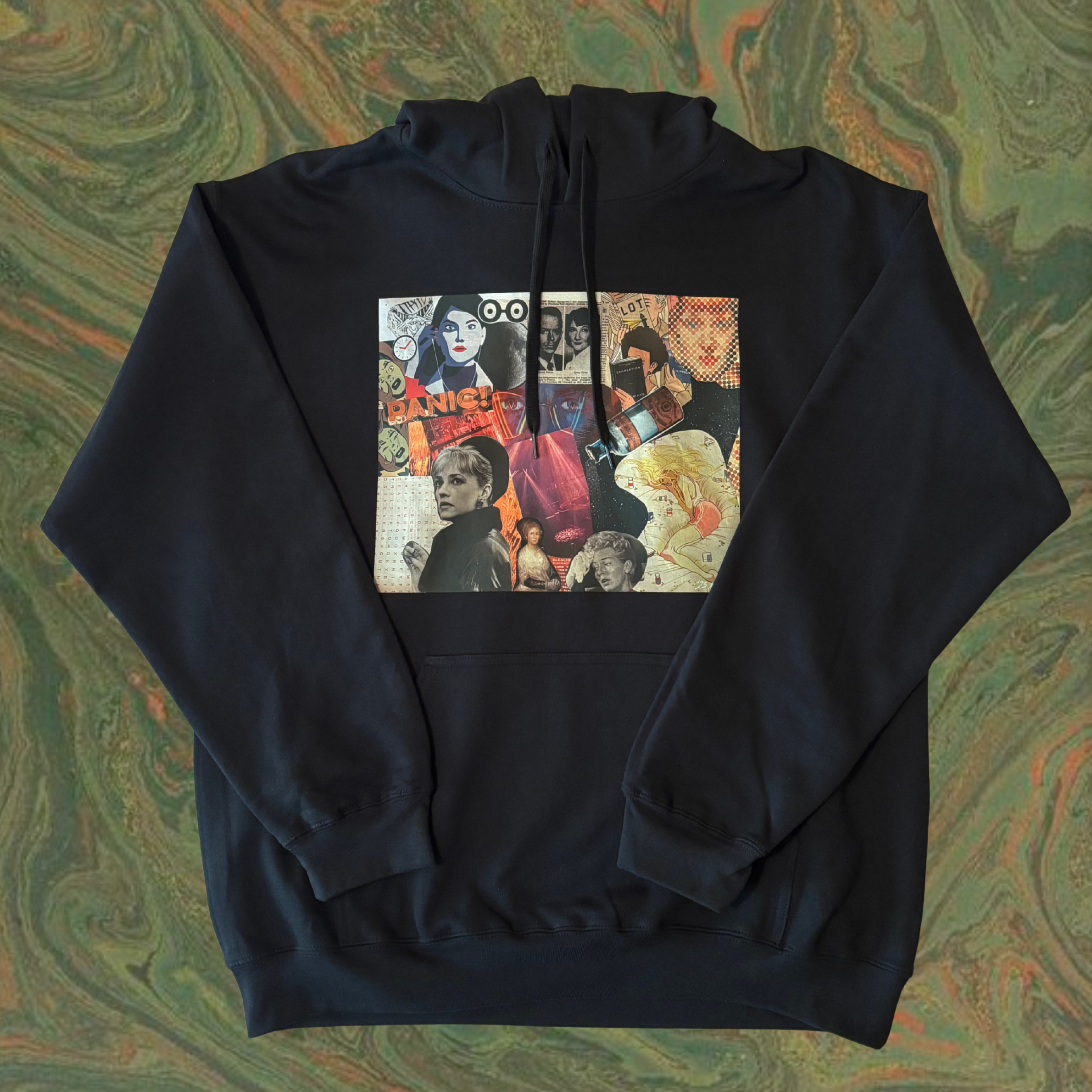 black hoodie with a colorful graphic design of the PANIC collage printed across the chest