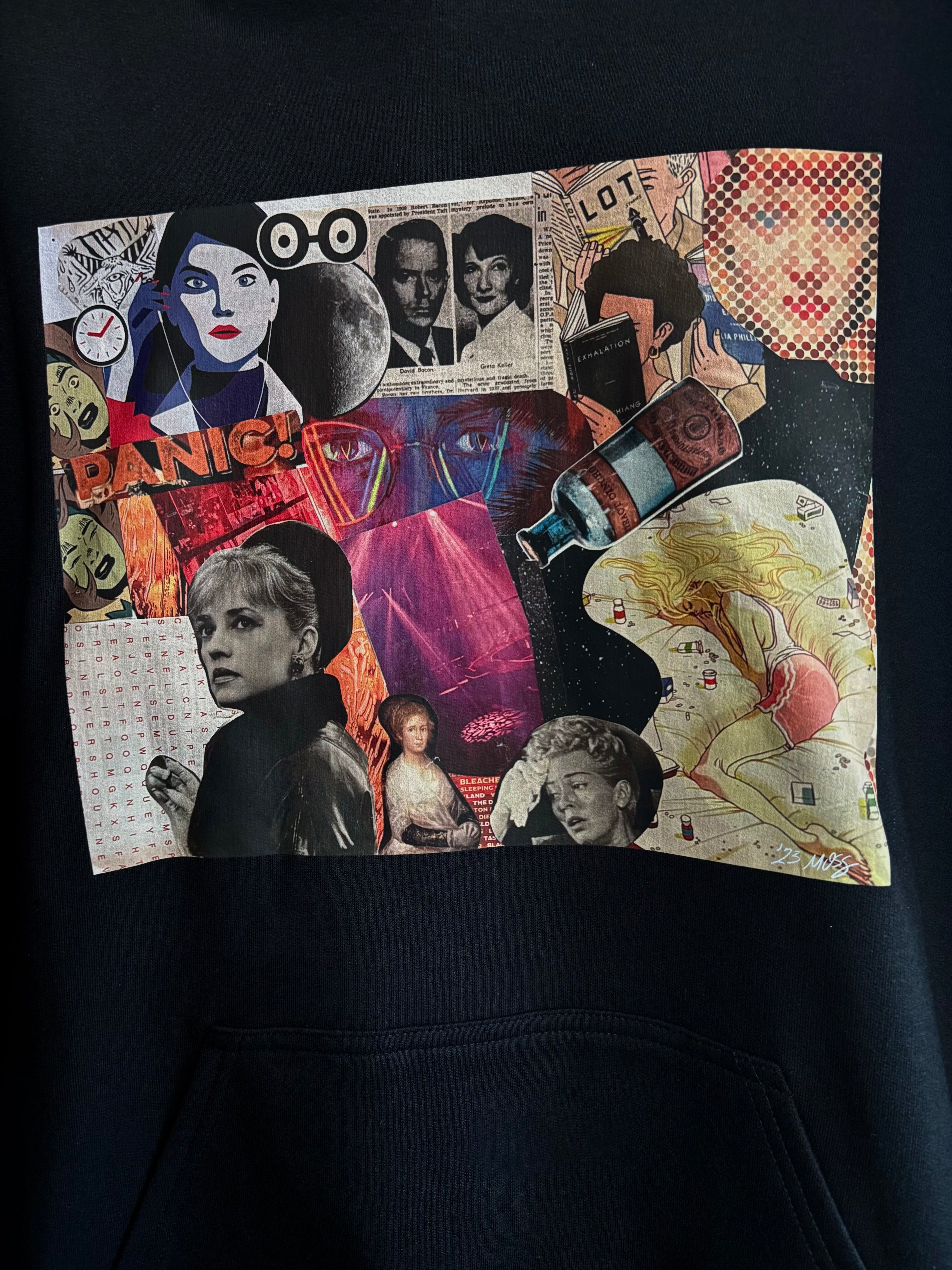 closeup image of the PANIC collage printed on a black hoodie