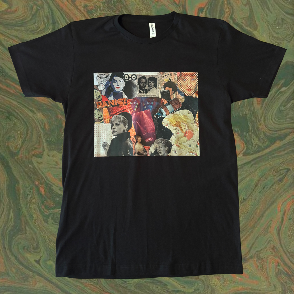 black t-shirt with a colorful graphic design of the PANIC collage printed across the chest