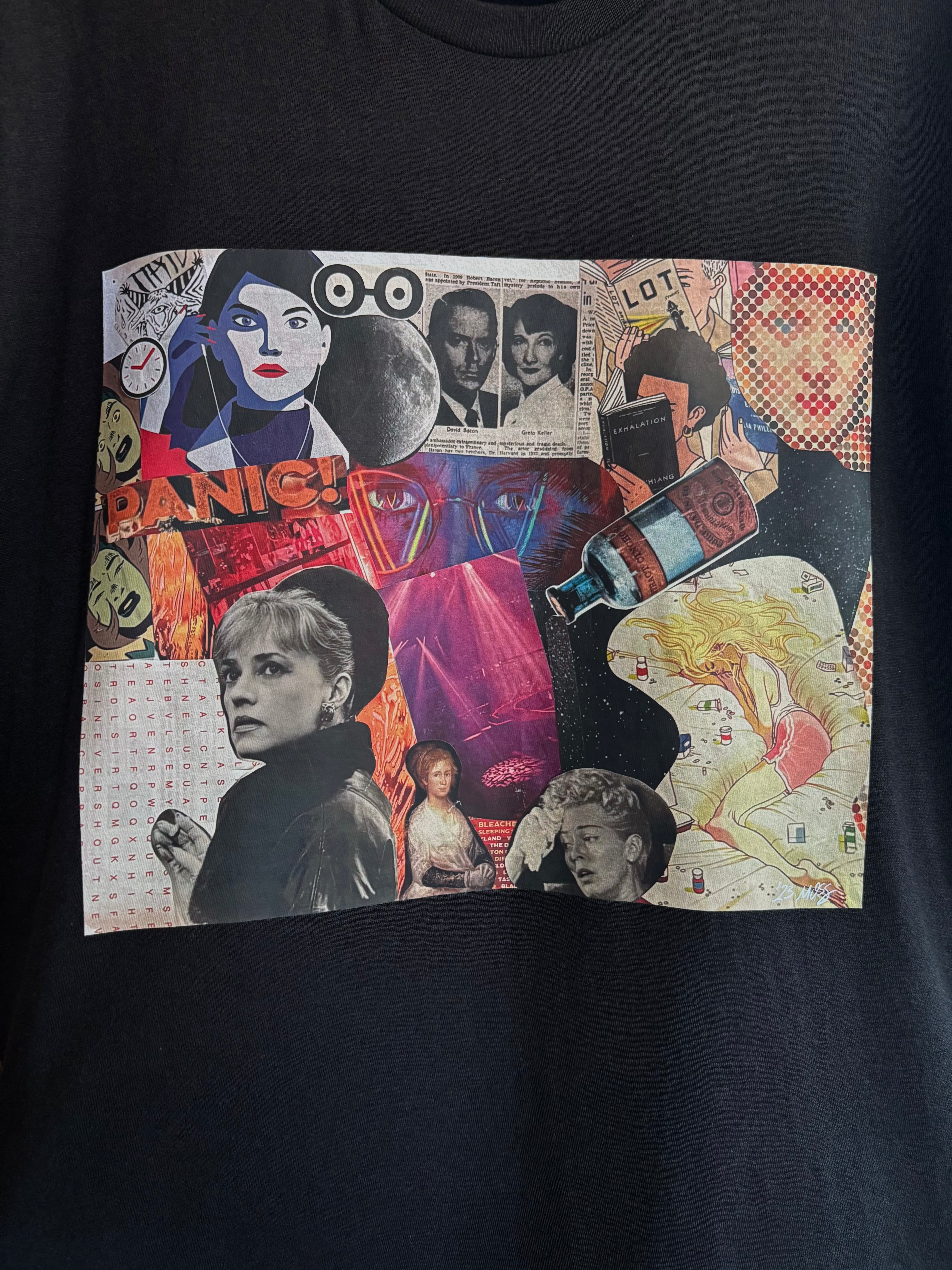 closeup image of the PANIC collage printed on a black tee