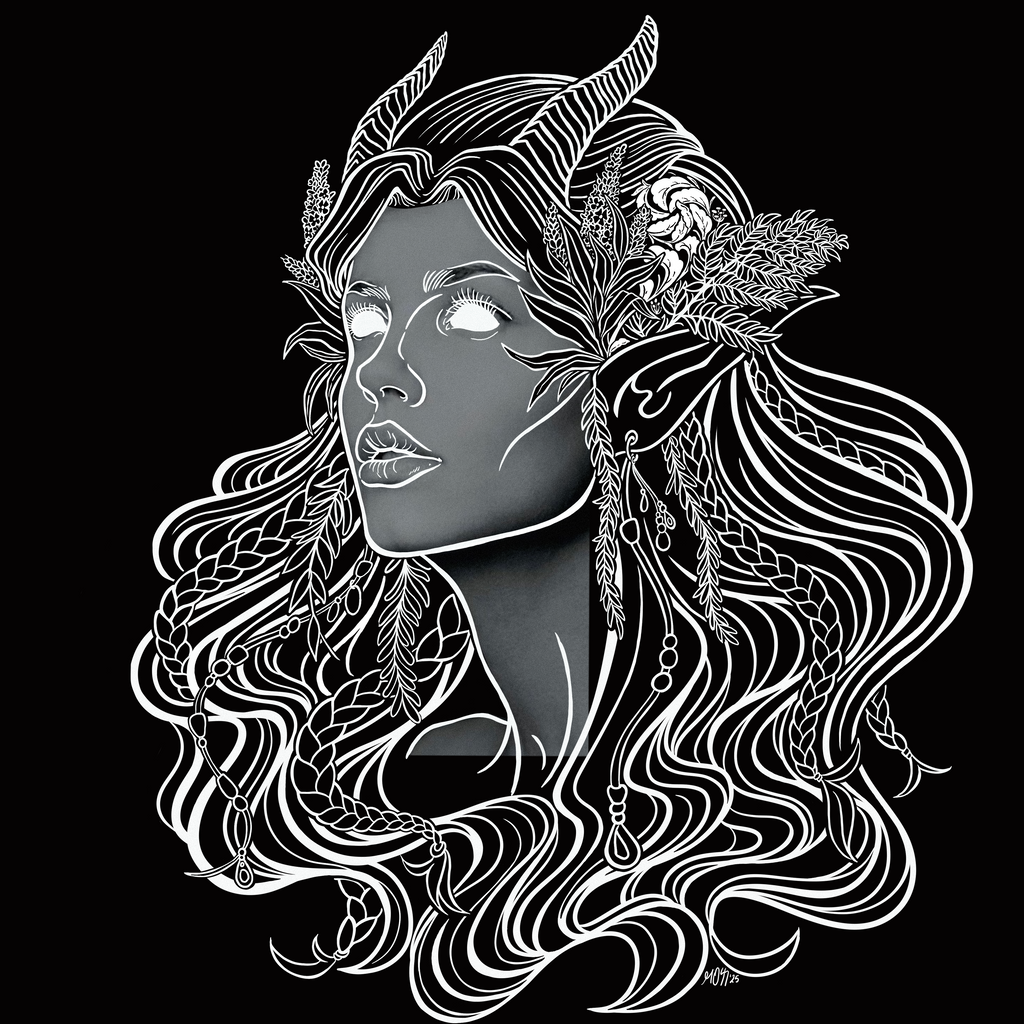 the original illustration of the Queen of the Forest, a Celtic inspired fae goddess, with flowing hair and braids, and flowers and leaves tucked behind her elven ears