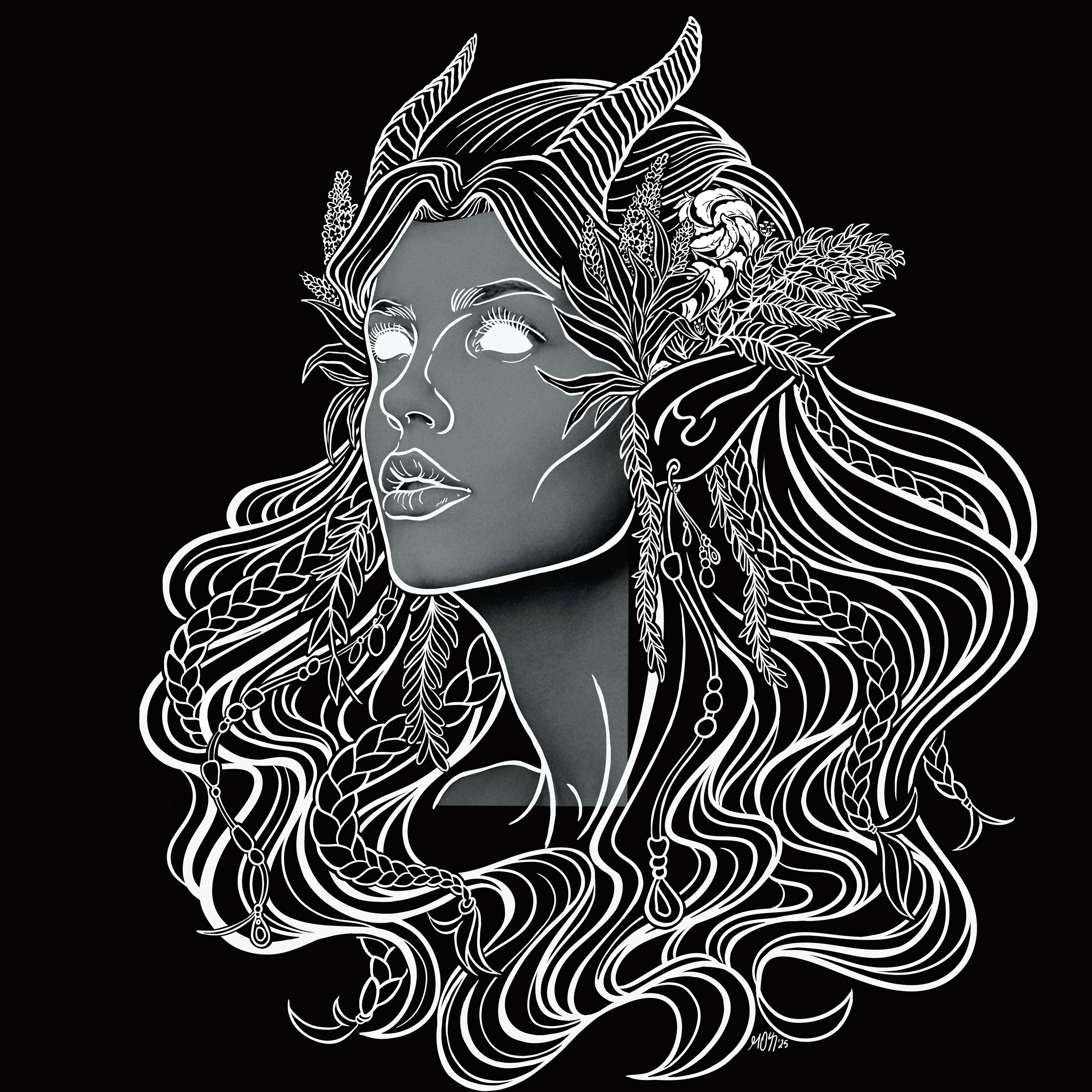 the original illustration of the Queen of the Forest, a Celtic inspired fae goddess, with flowing hair and braids, and flowers and leaves tucked behind her elven ears