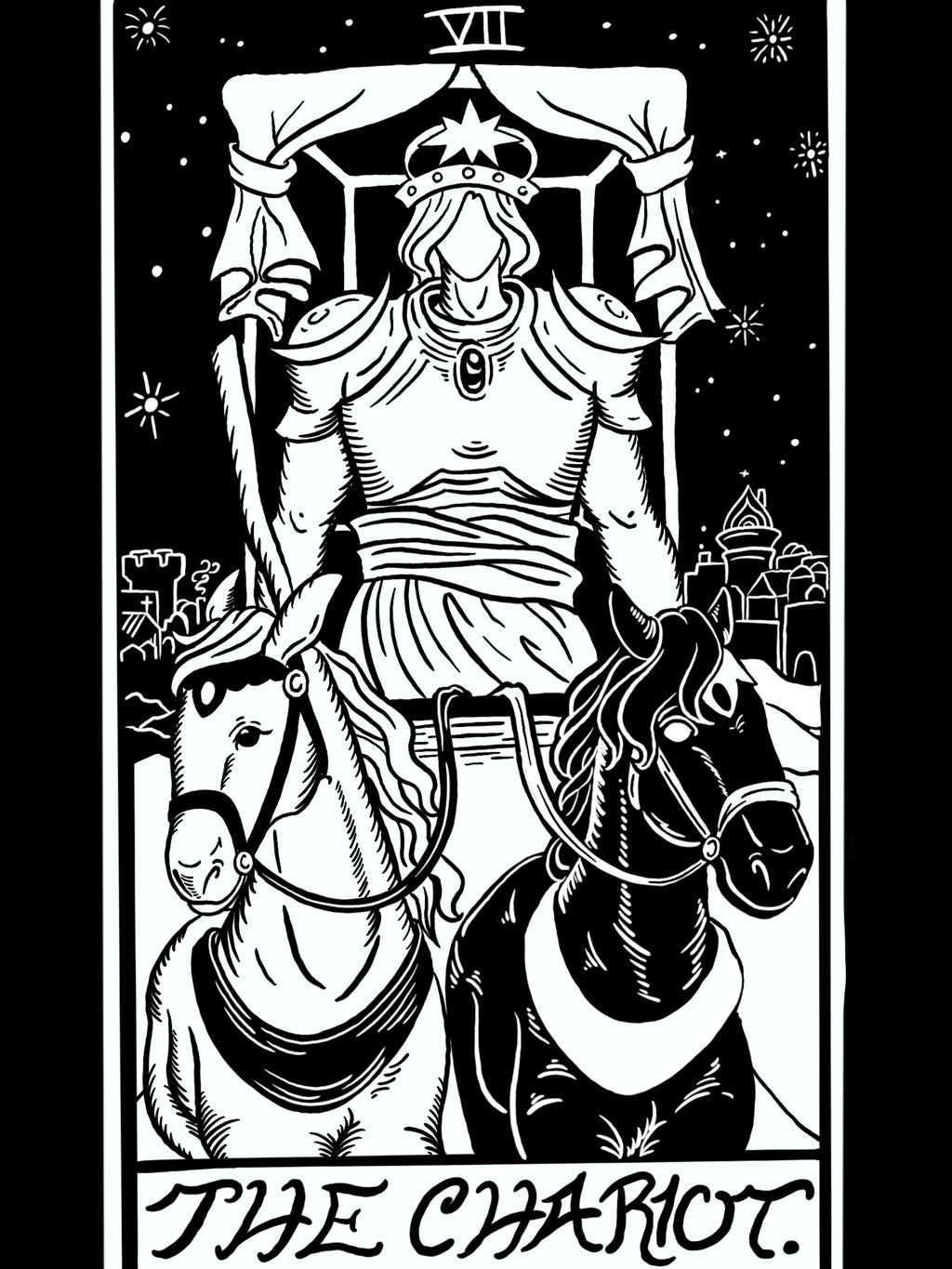a closeup look at the black and white illustration of 'The Chariot' tarot card for the Change Your Ways design