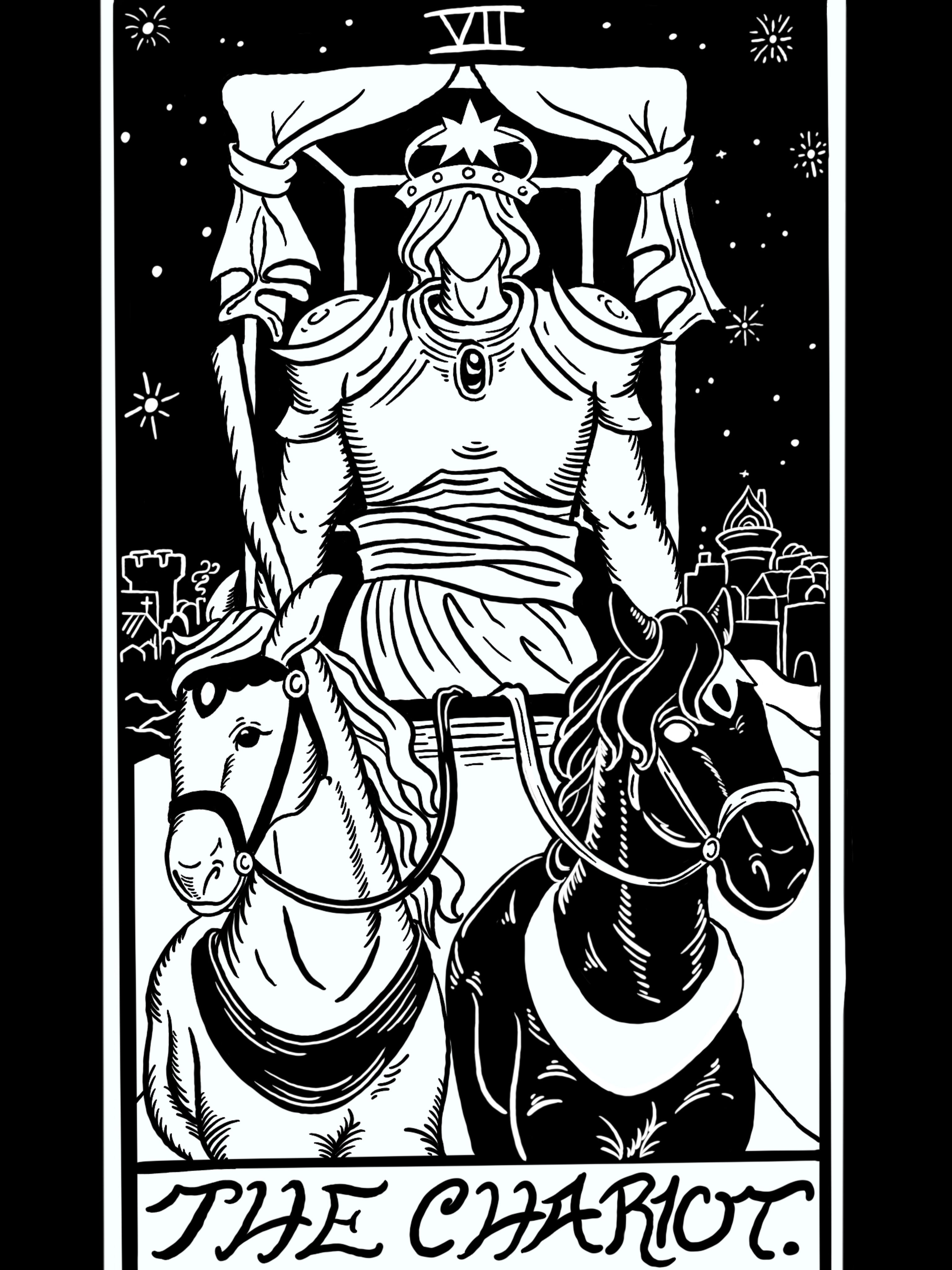 a closeup look at the black and white illustration of 'The Chariot' tarot card for the Change Your Ways design