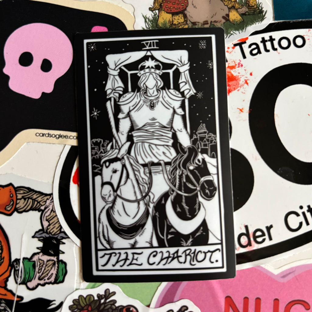 black and white sticker for the Chariot Tarot Card