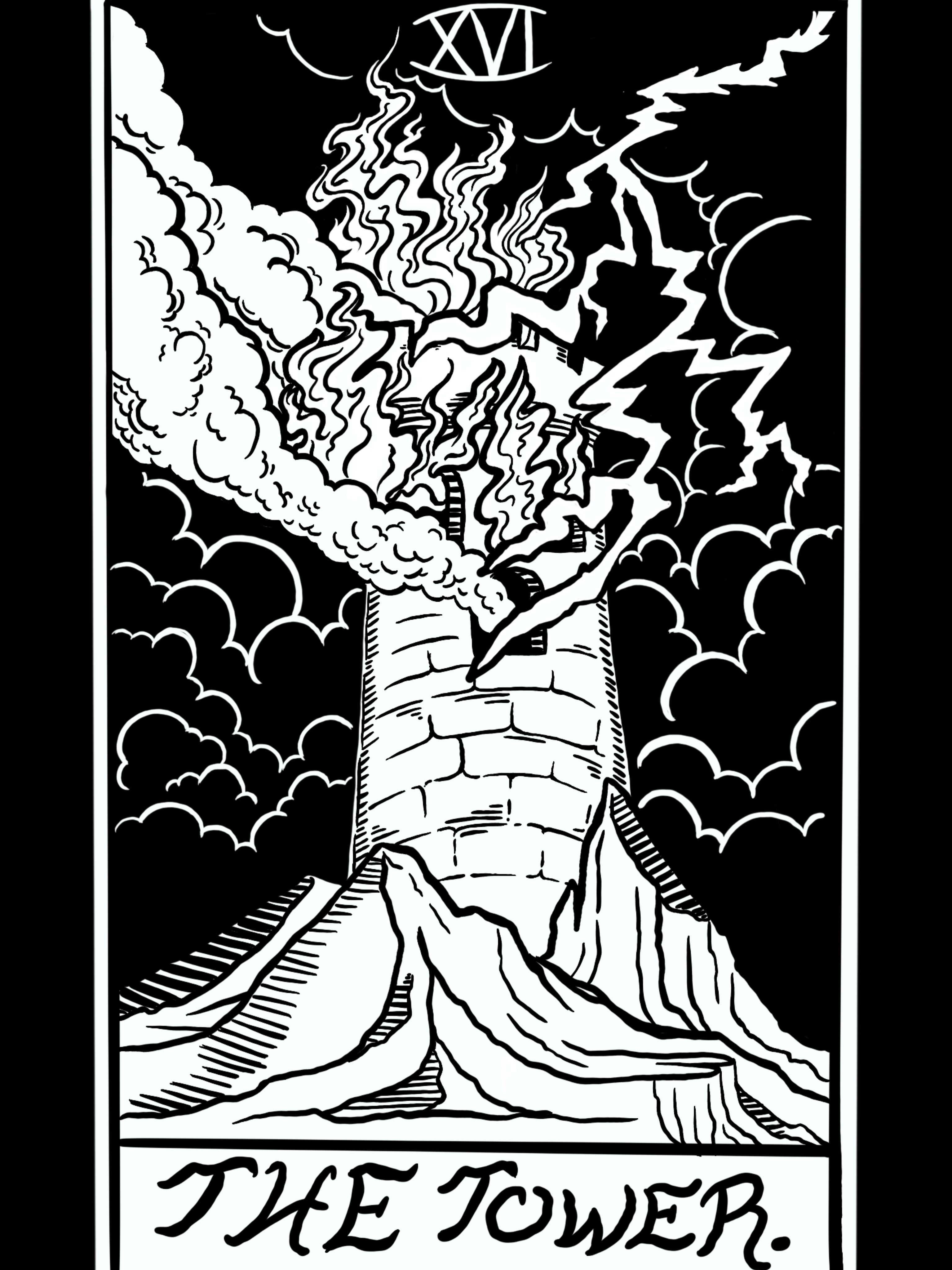 a closeup look at the Tower tarot card from the Change Your Ways design