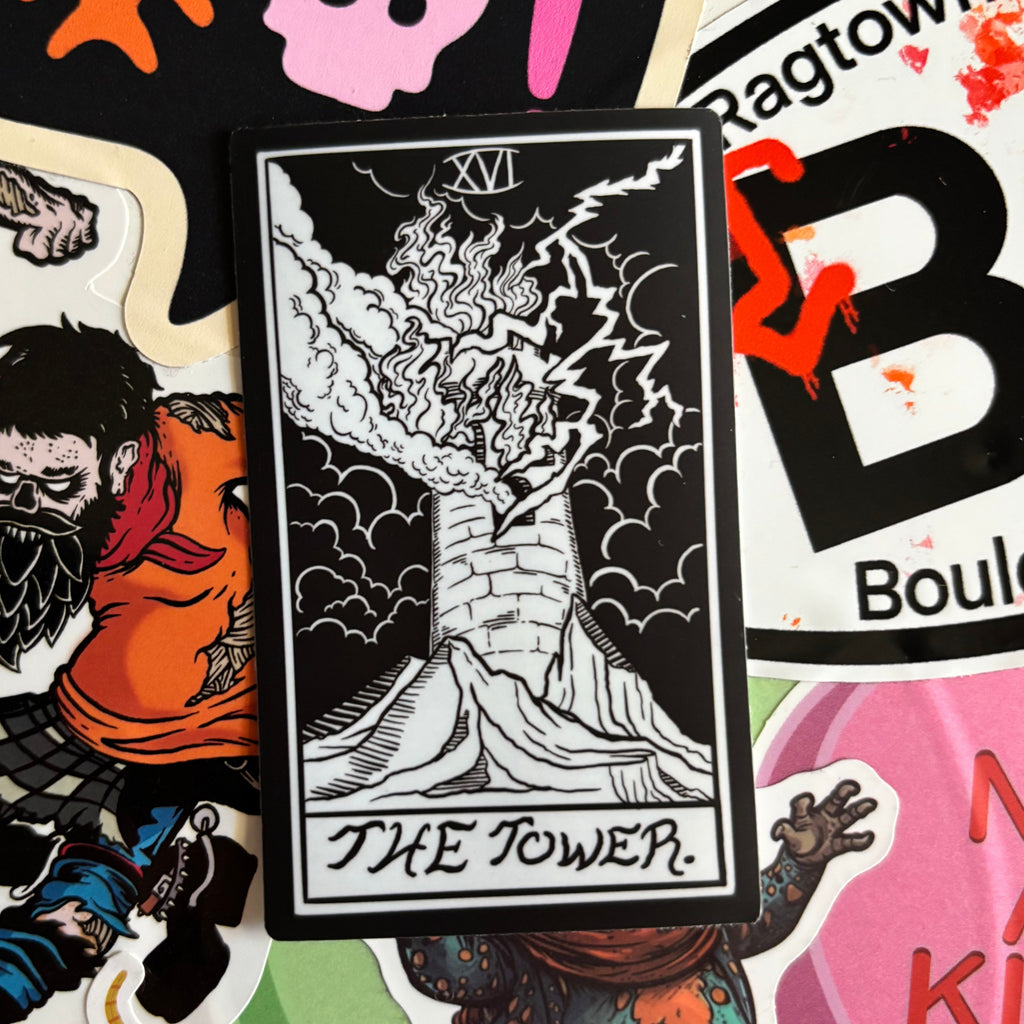 black and white sticker of the Tower Tarot Card
