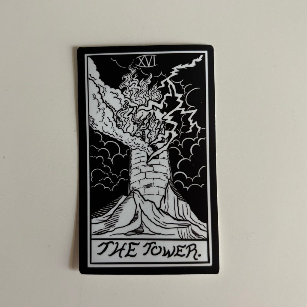 Black and white sticker of 'The Tower' tarot card