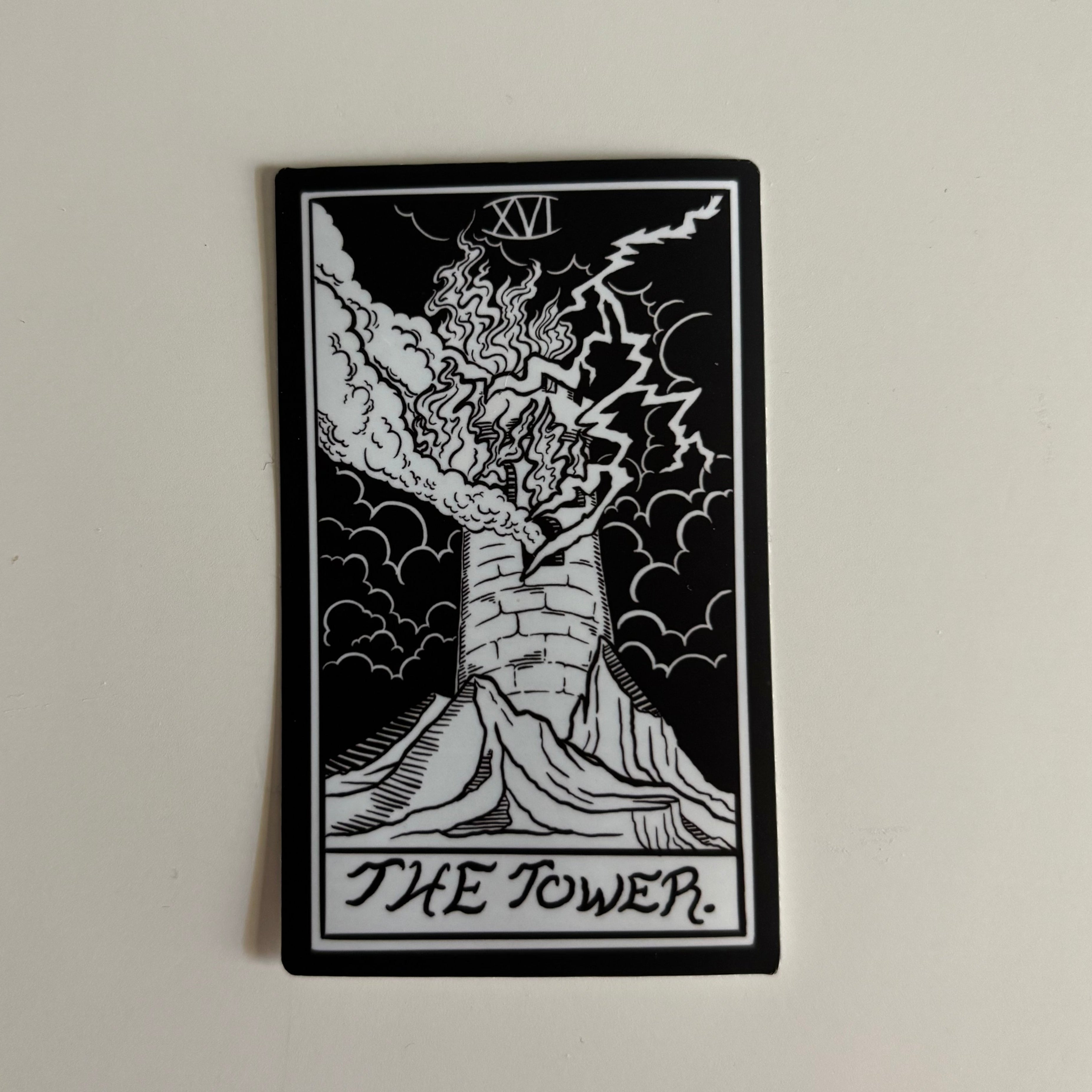 Black and white sticker of 'The Tower' tarot card